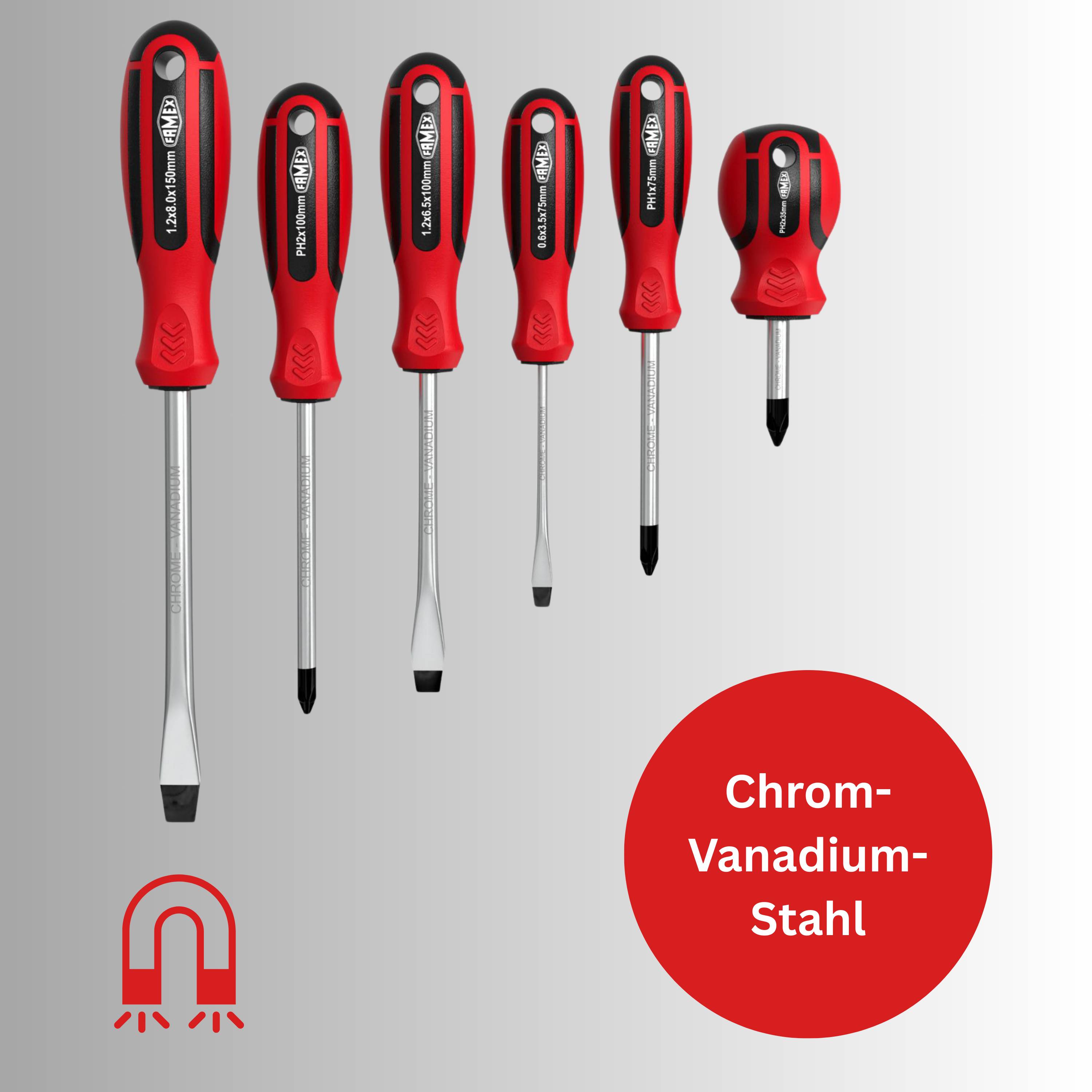 Ein Satz von sechs roten und schwarzen Schraubenziehern mit verschiedenen Schlitz- und Kreuzschliffspitzen. Der Text ‚Chrom-Vanadium-Stahl' gibt das Material an. Ein Symbol deutet darauf hin, dass sie magnetisiert sind.