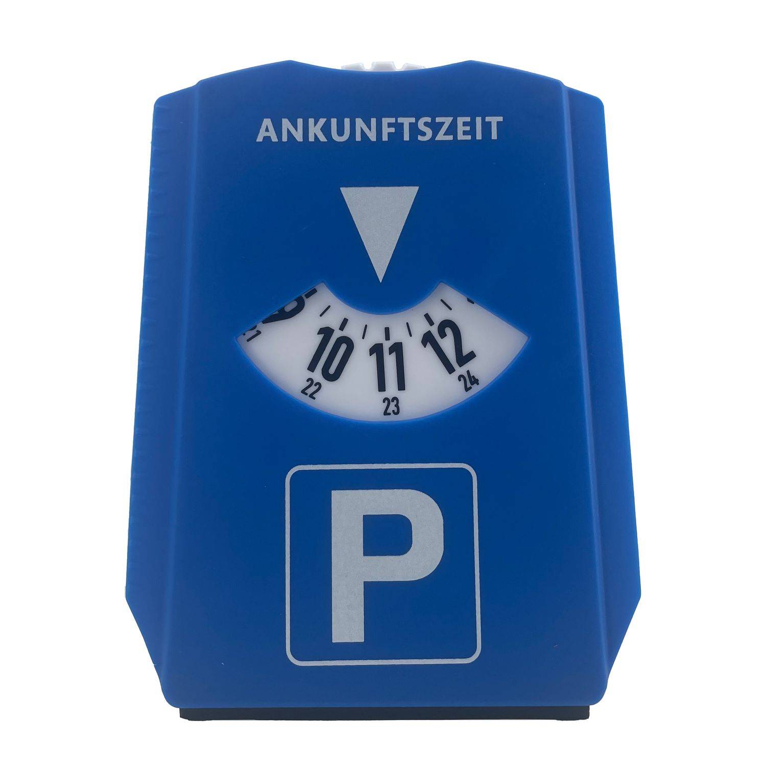 Blaue Parkscheibe, die die Ankunftszeit zwischen 10 und 11 Uhr zeigt, mit 'ANKUNFTSZEIT' oben und einem 'P'-Symbol unten.