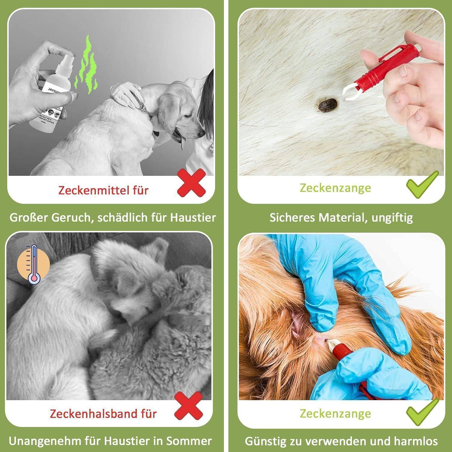 Zwei Panels zum Vergleich der Zeckenprävention: links zeigt unwirksames Zeckenprodukt für Haustiere, als schädlich markiert; rechts zeigt sicheres Zeckenentfernungswerkzeug, als ungefährlich markiert.