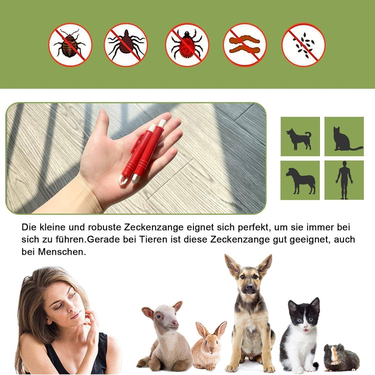 Eine Hand hält ein rotes Zeckenzangenentfernungswerkzeug. Icons zeigen keine Zecken, mit Hund-, Katzen- und Kaninchensilhouetten. Die Tiere sind unterhalb des Textes abgebildet.