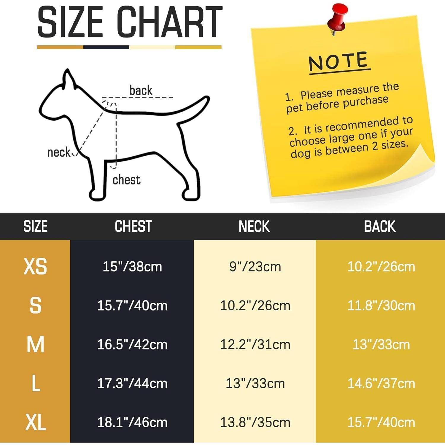 Hunde-Größentabelle' mit einer Umrisszeichnung eines Hundes, die Hals, Brust und Rücken markiert. Größen XS bis XL mit Maßangaben in Zoll/cm aufgelistet. Hinweis empfiehlt, das Haustier zu vermessen und bei Bedarf eine größere Größe zu wählen.