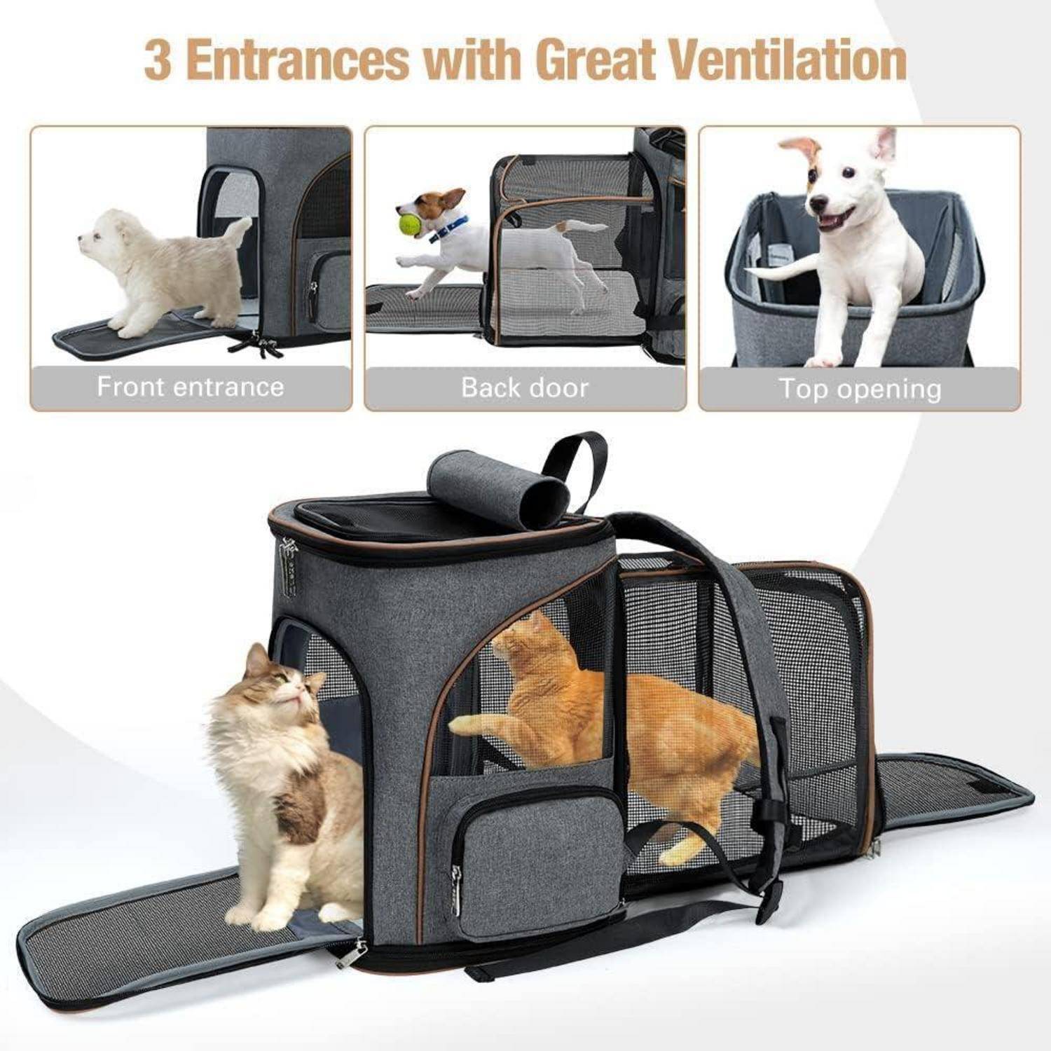 Transportbox für Haustiere mit drei Eingängen: vorne, hinten und oben. Verfügt über eine hervorragende Belüftung. Abbildungen zeigen Hund und Katze bei der Nutzung der Transportbox.
