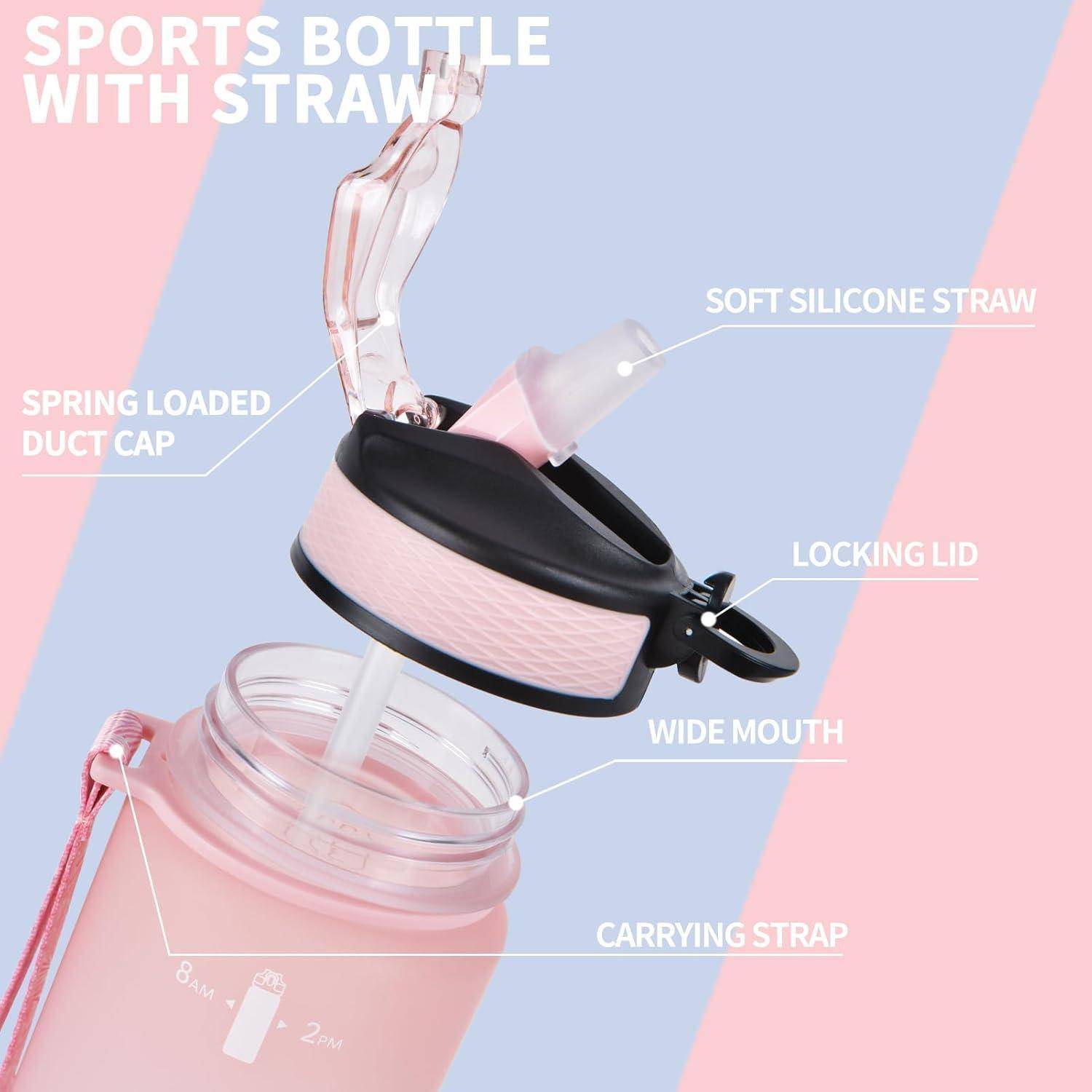 Sportflasche mit Strohhalm: Weicher Silikonstrohhalm, federnder Deckel mit Auslauf, verschließbarer Deckel, breite Öffnung, Trageriemen.