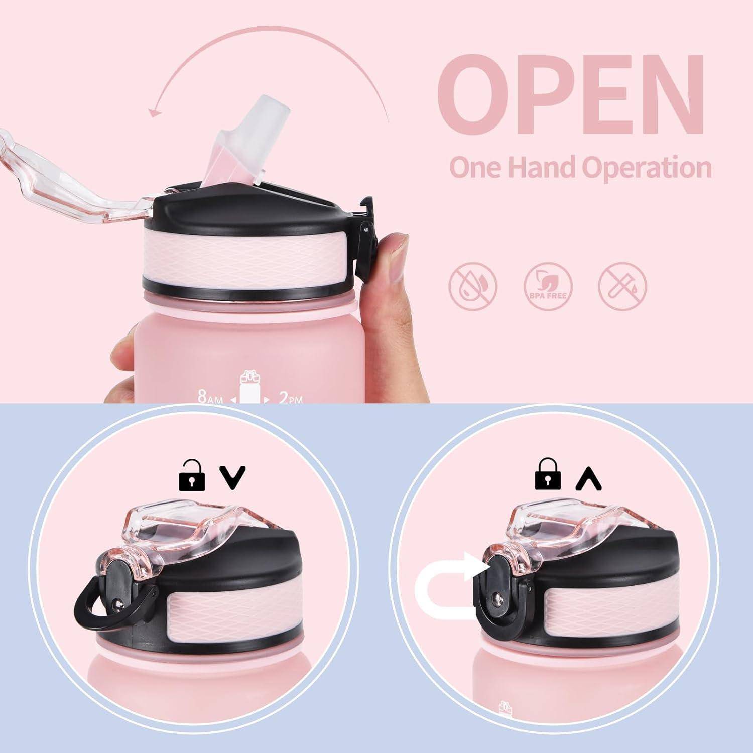 Rosa Flasche mit Klappdeckel für Einhandbedienung. Anleitung zeigt Entsperr- und Verriegelungspositionen. Text lautet „ÖFFNEN