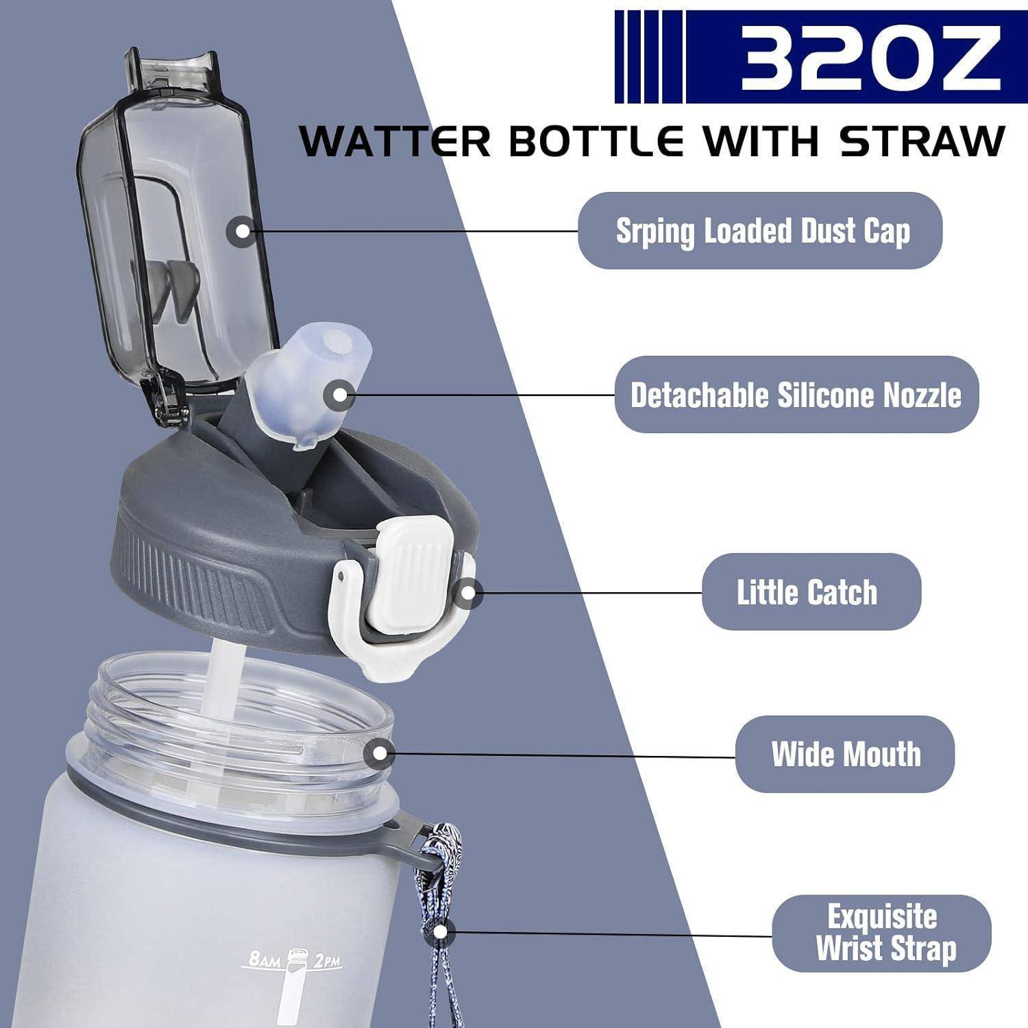Eine graue 32-Unzen-Wasserflasche mit einem federnden Staubdeckel. Zu den Merkmalen gehören ein abnehmbarer Silikonausguss, eine kleine Halterung, ein weiter Mund und ein Handgelenkband.