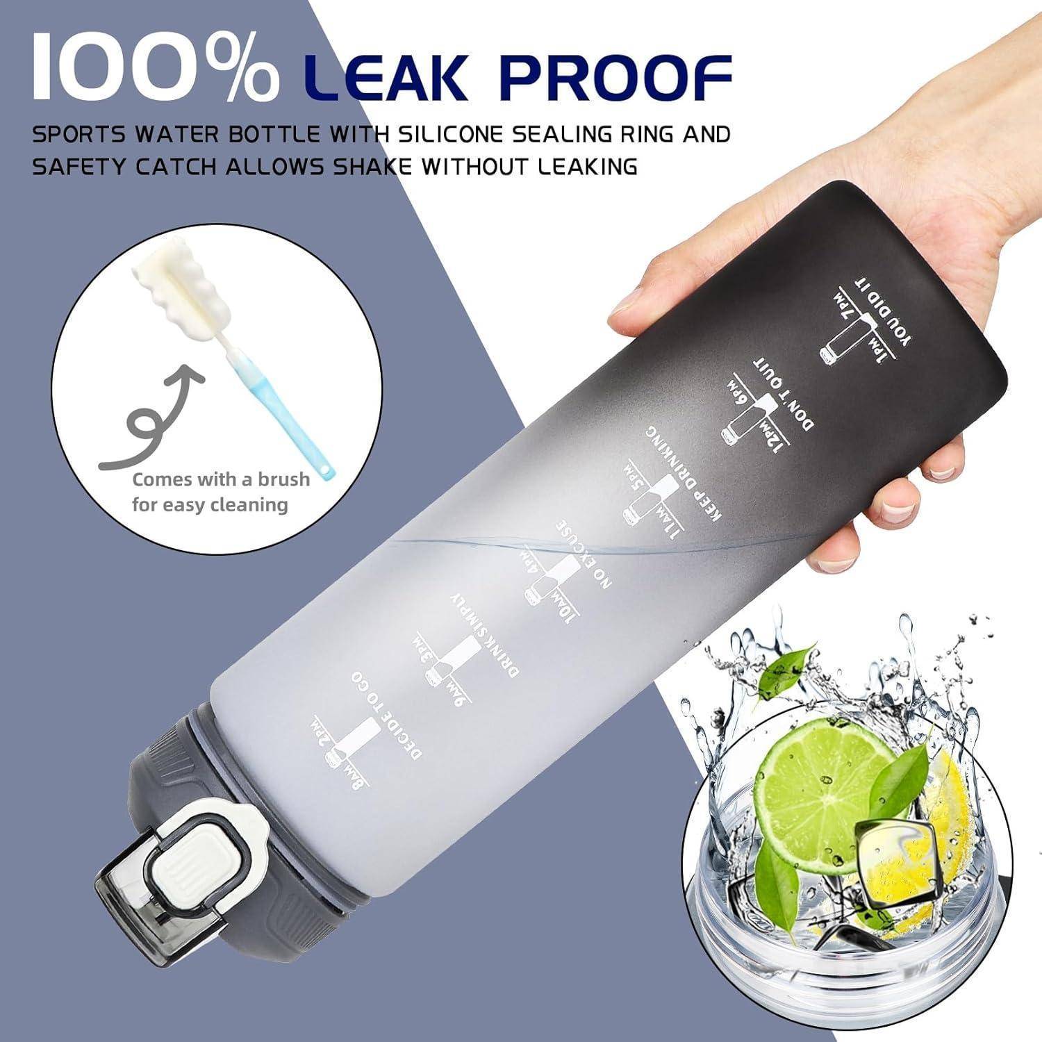 Sportliche Wasserflasche mit Aufschrift '100% auslaufsicher' mit Dichtungsring und Sicherheitsverschluss. Ausgestattet mit Farbverlaufsdesign, Reinigungsbürste und Fruchtinfusionsmöglichkeit.