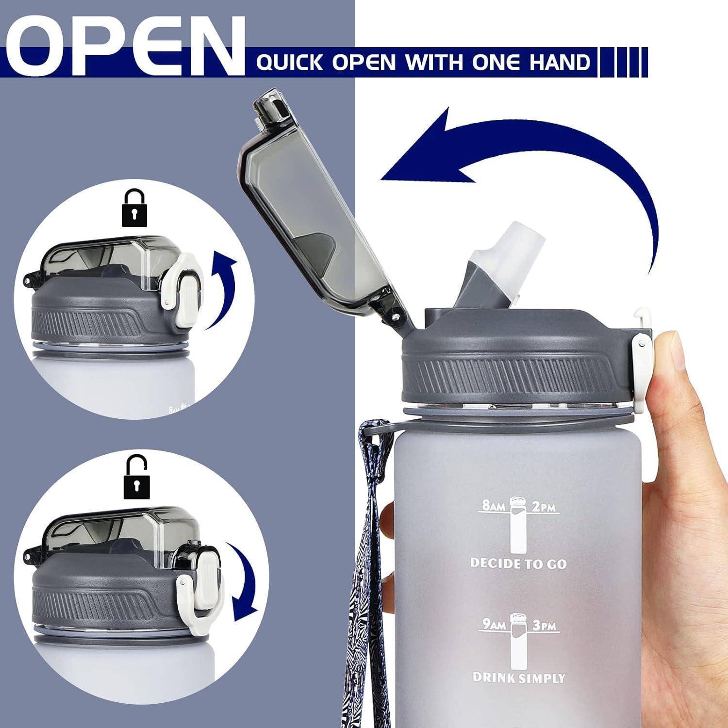 Eine Flasche mit Deckel, der eine Scharnierfunktion hat, mit der Aufschrift 'ÖFFNEN' und Anweisungen für eine schnelle, einhandige Öffnung. Eine Seitengrafik zeigt Zeitangaben für 'TRINKEN EINFACH'.