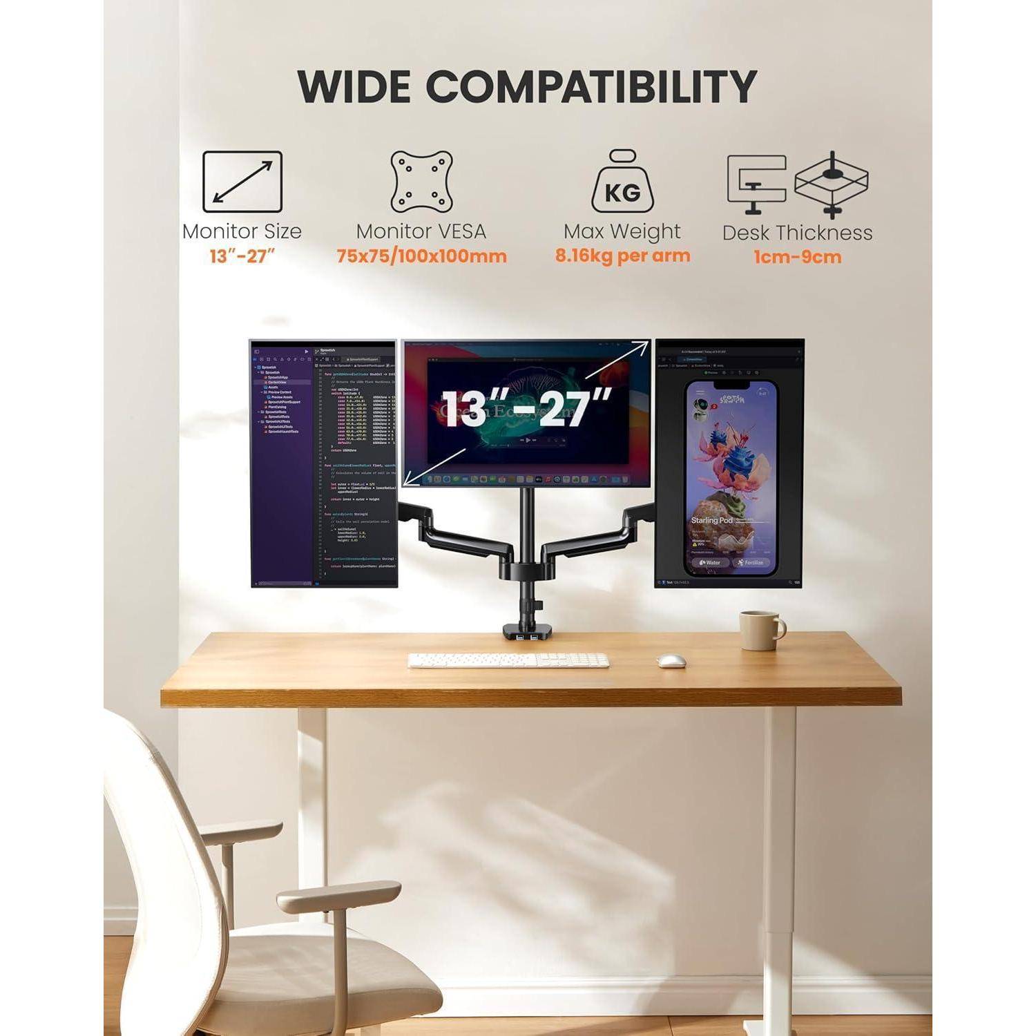 Ein Schreibtisch mit einem Stuhl, ausgestattet mit einem Dual-Monitor-Setup auf einem verstellbaren Monitorarm. Der Text hebt die breite Kompatibilität für Monitore von 13
