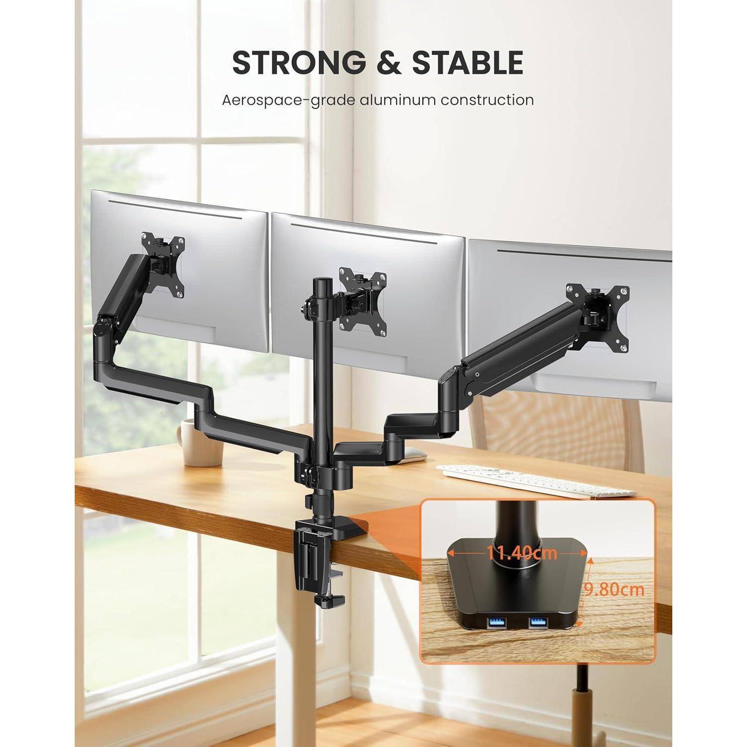Doppelte Monitorarme auf einem Schreibtisch positioniert mit dem Text 'Robust & Stabil - Konstruktion aus Luft- und Raumfahrt-Aluminium' als Hervorhebung ihrer Haltbarkeit.