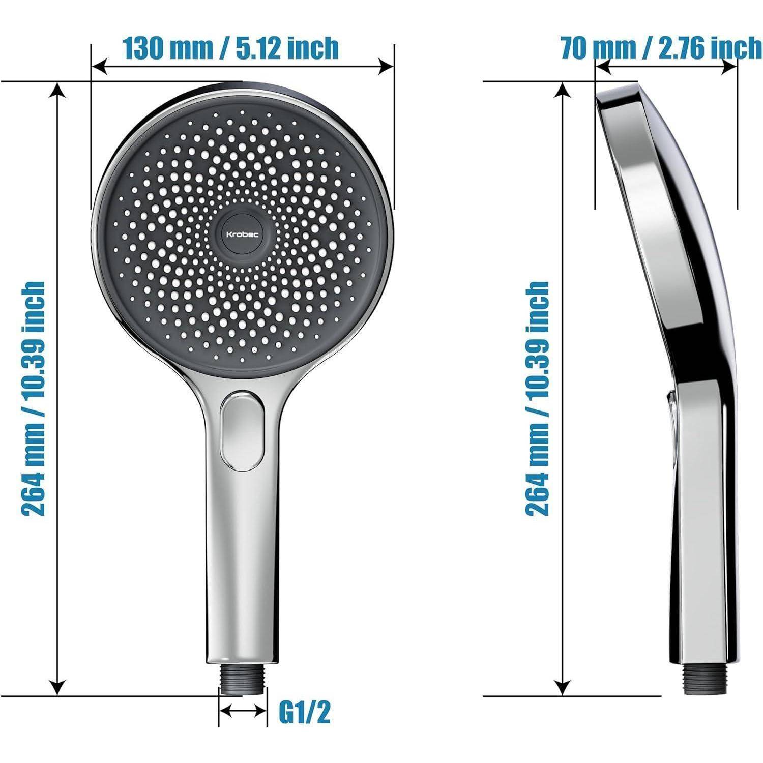 Eine Duschbrause mit Maßen: Durchmesser 130 mm (5,12 Zoll), Höhe 264 mm (10,39 Zoll), Breite 70 mm (2,76 Zoll), Anschluss G1/2.