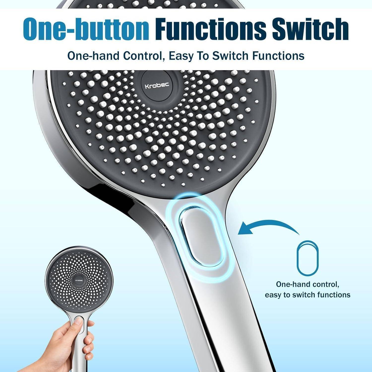 Duschkopf mit Einknopf-Funktionsschalter für einfache Bedienung mit nur einer Hand. Text lautet: Einhand-Bedienung, einfaches Umschalten der Funktionen.
