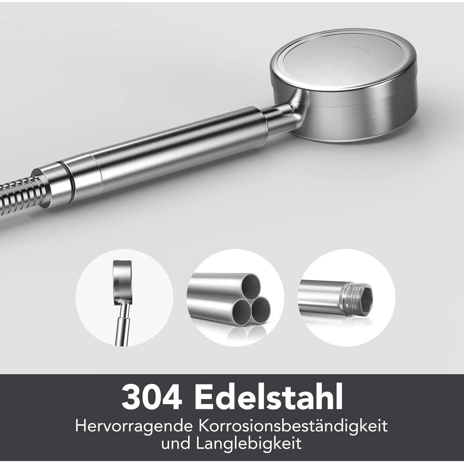Duschkopf und Schläuche aus '304 Edelstahl'. Beworben als 'hervorragende Korrosionsbeständigkeit und Langlebigkeit'.
