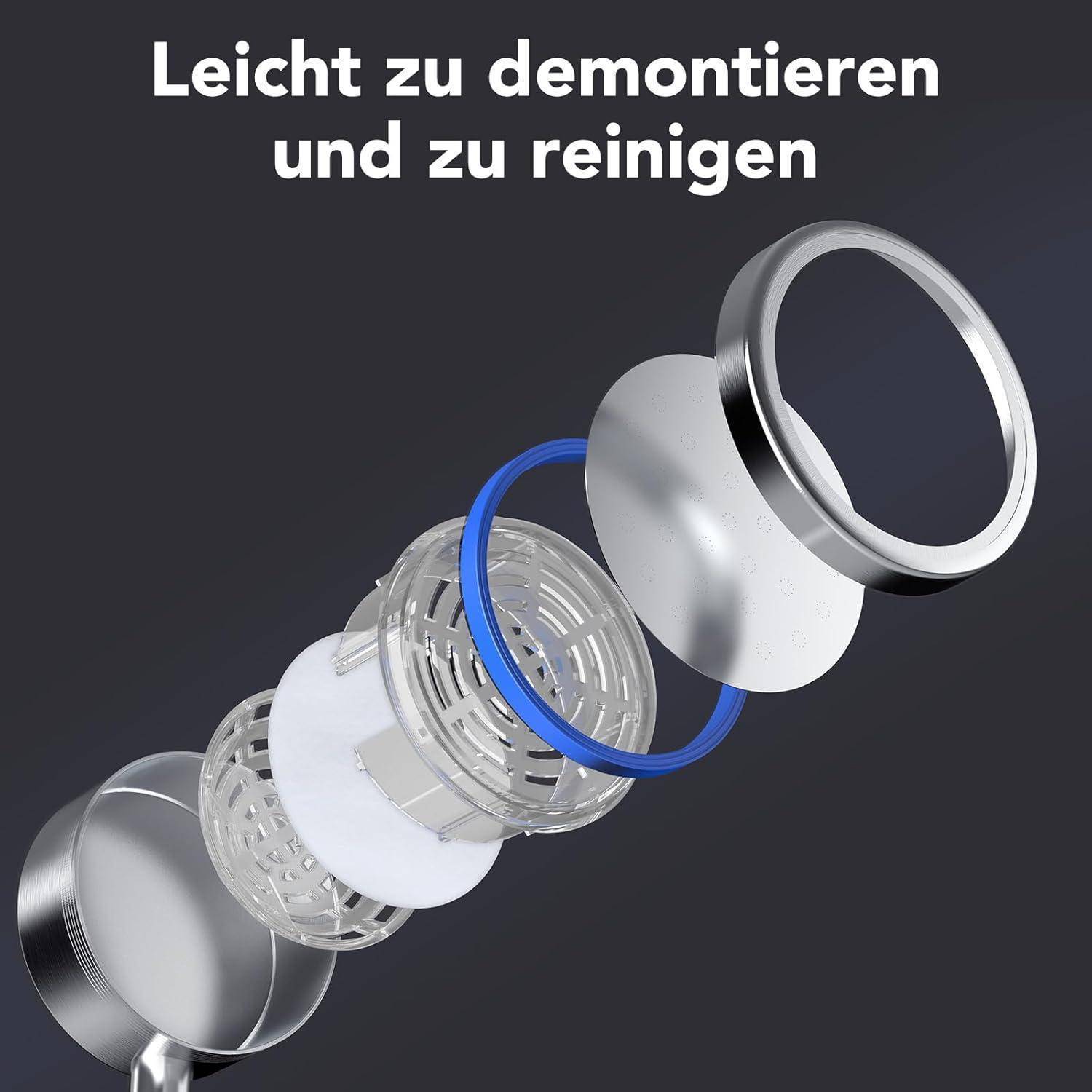 Eine Explosionszeichnung eines Wasserhahnarators mit getrennten Teilen, die eine einfache Demontage und Reinigung zeigt, mit dem deutschen Text 'Leicht zu demontieren und zu reinigen'.