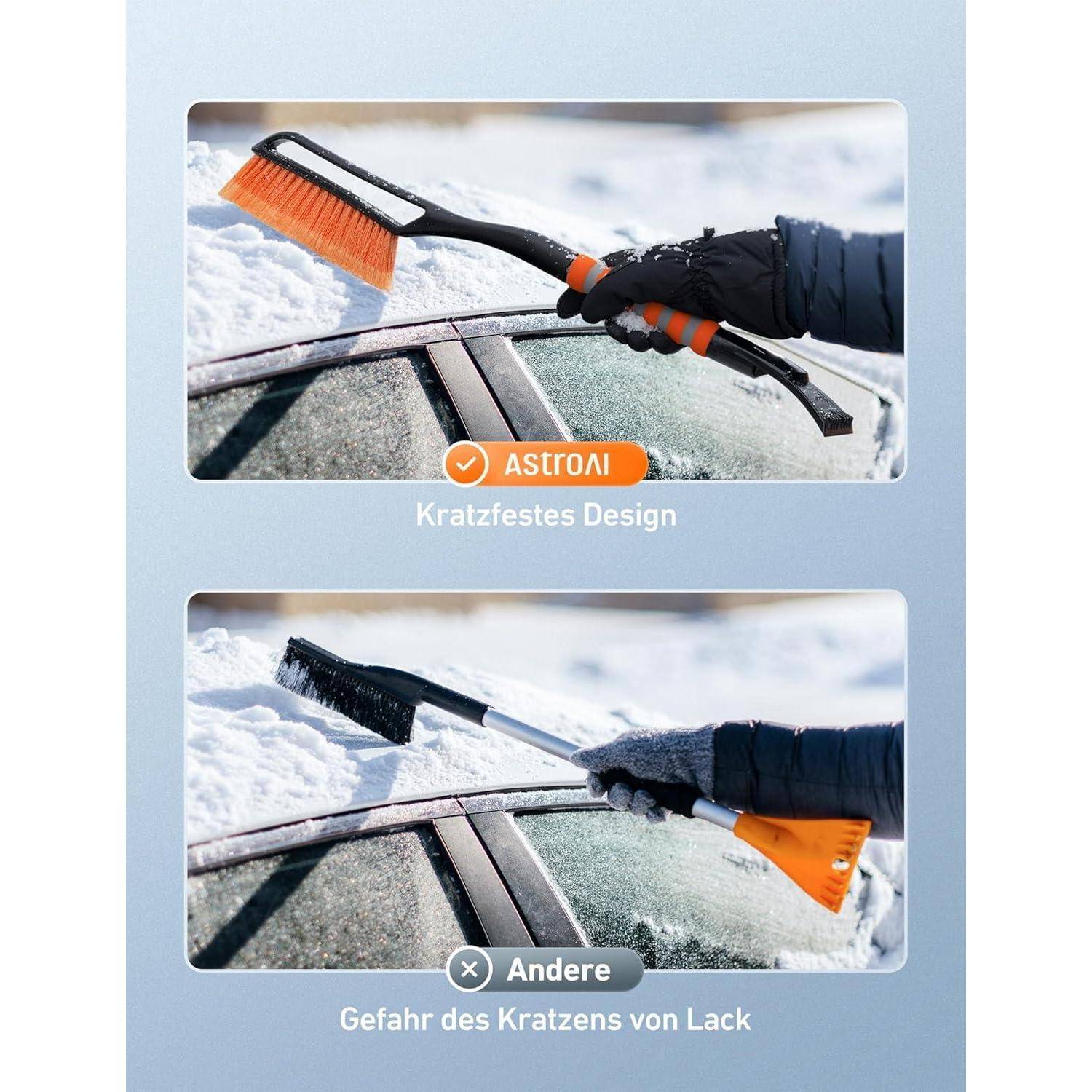 Das Bild vergleicht zwei Eiskratzer für Autos. Der obere Kratzer, mit der Bezeichnung 'ASTROAI', verfügt über ein kratzresistentes Design. Der untere Kratzer, mit der Bezeichnung 'Andere', birgt das Risiko, den Lack zu zerkratzen.