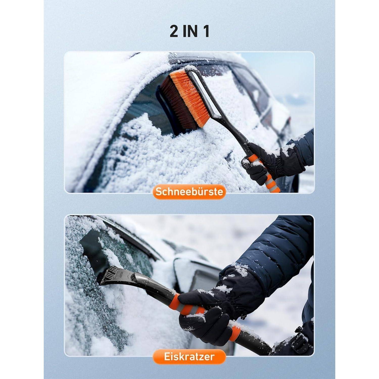 Eine Person benutzt eine Schneebürste und einen Eiskratzer auf einem Auto, das mit Schnee bedeckt ist. Das obere Bild zeigt die Bürste; das untere Bild zeigt den Kratzer bei der Anwendung.