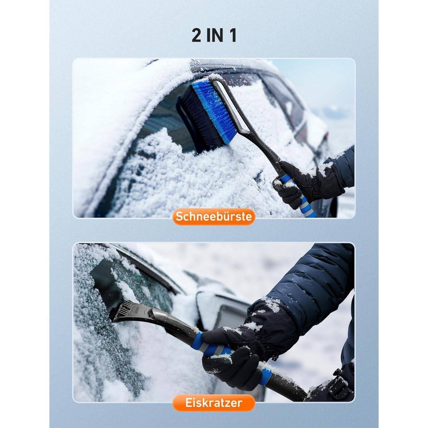 Bild zeigt eine Person, die eine Schneebürste verwendet, um Schnee von einem Auto zu bürsten, und einen Eiskratzer, um Eis zu entfernen, mit der Beschriftung '2 in 1' Werkzeug.