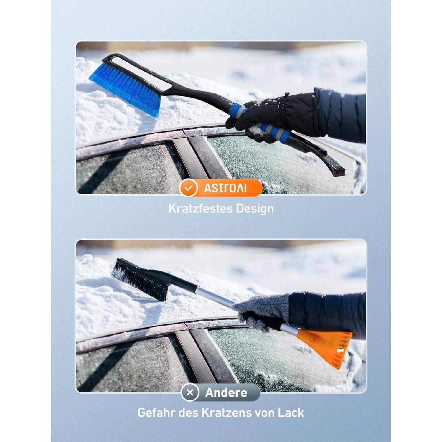 Eine Person verwendet einen Schneebesen mit 'AstroAI kratzfestem Design', um eine Autoscheibe zu reinigen und dabei Kratzer im Vergleich zu einem anderen gezeigten Besen zu verhindern.