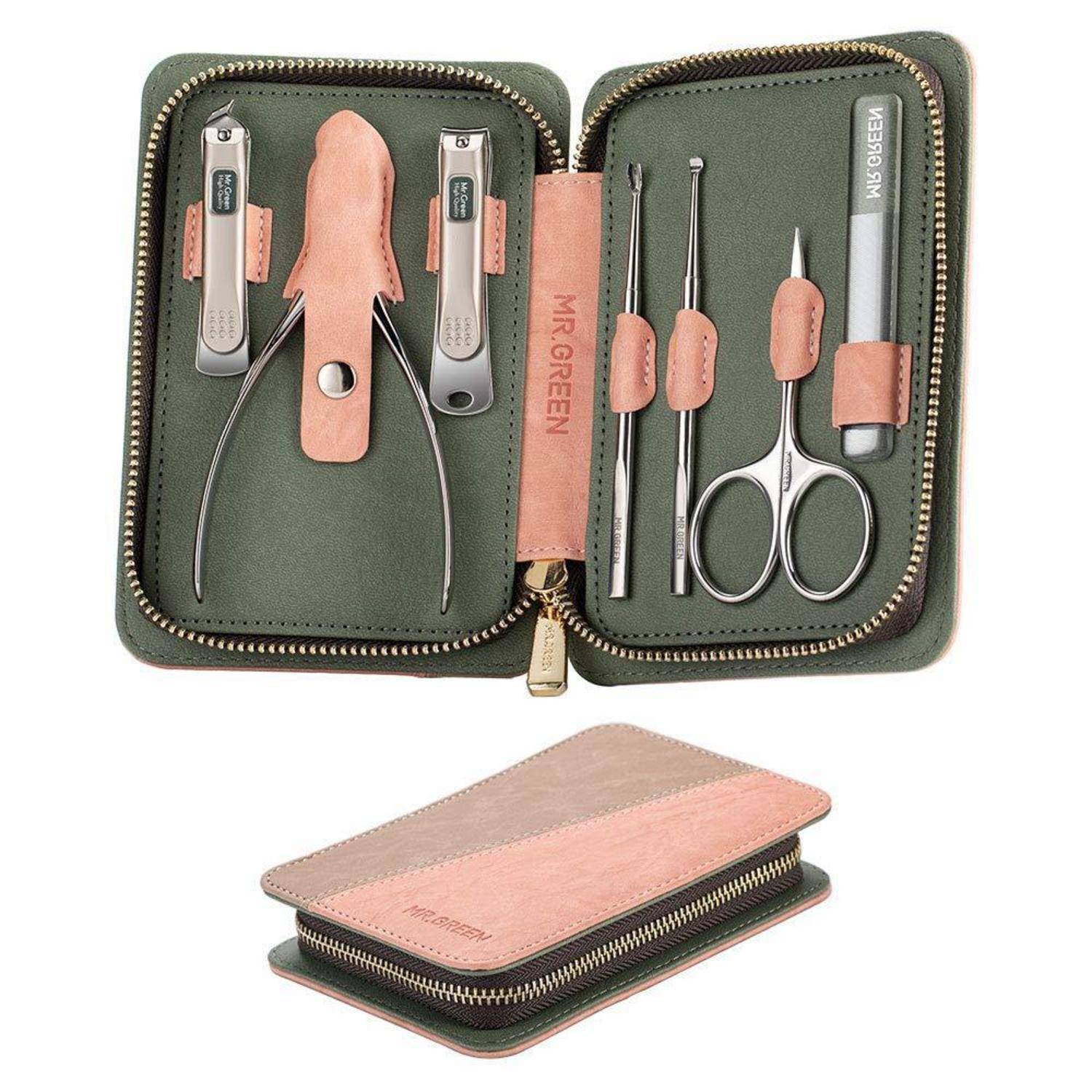 Maniküre-Set mit Nagelknipser, Hautentferner, Schere, Pinzette und Feilen in einer mit Reißverschluss verschlossenen Ledertasche mit der Aufschrift MR.GREEN.