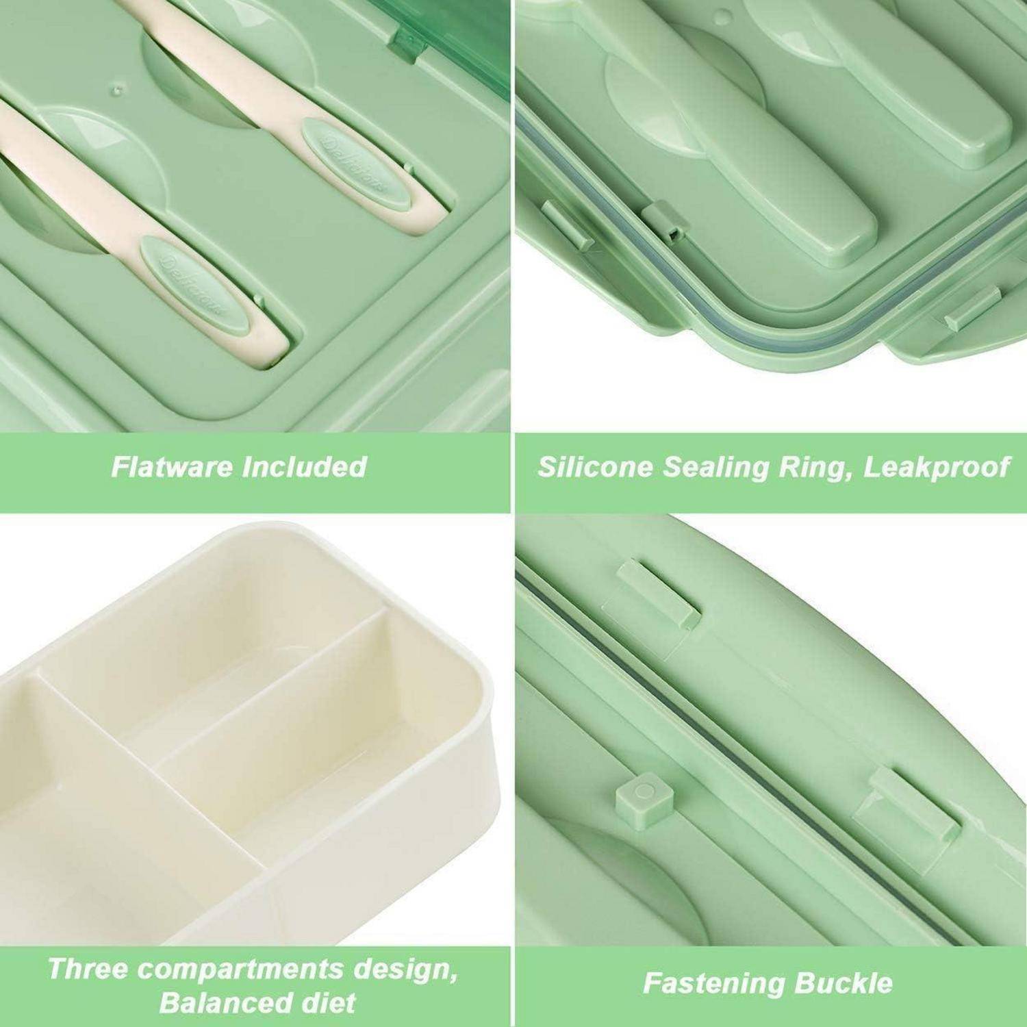 Lunchbox-Details mit: Besteck inklusive, auslaufsicherer Silikon-Dichtungsring, drei Fächer für eine ausgewogene Ernährung, Verschlussspange.