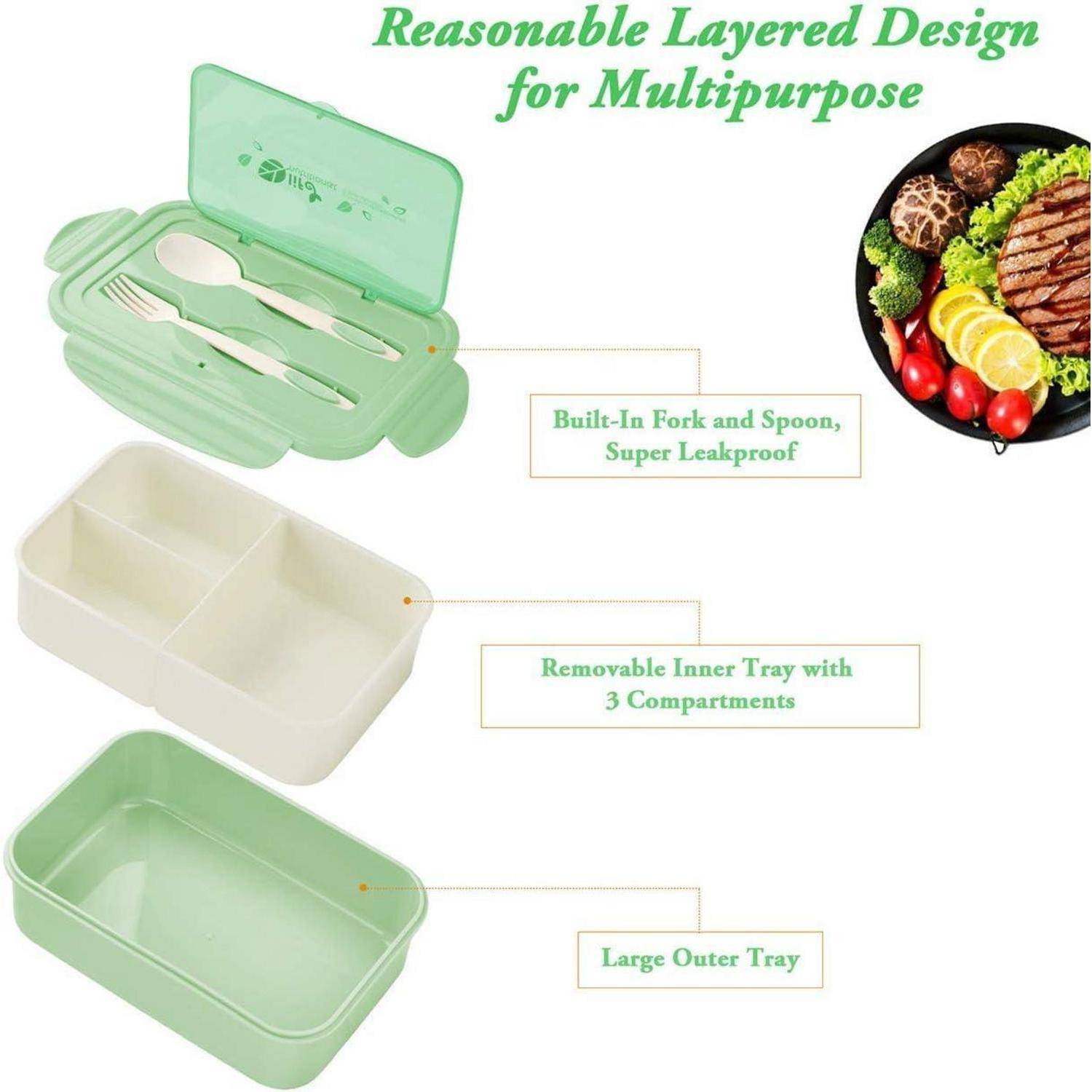 Grünes Lunchbox-Set enthält integrierte Gabel und Löffel, auslaufsicheren Verschluss, herausnehmbare Innenschale mit drei Fächern und große Außenschale.