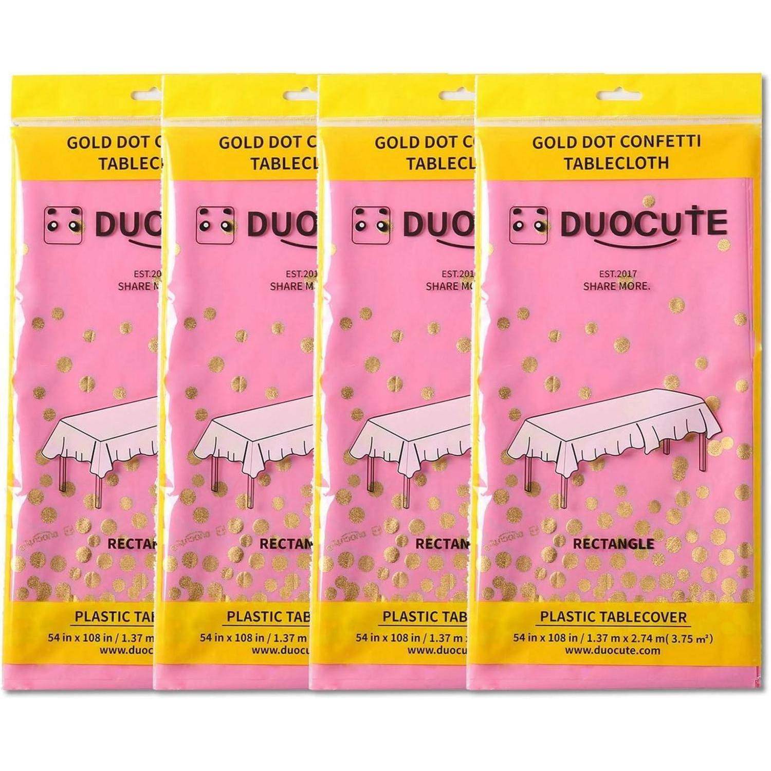 Duocute Tischdecke in Rosa mit goldenem Konfetti-Design. Jede Packung deckt einen rechteckigen Tisch ab, 137x274 cm, aus Plastikmaterial.