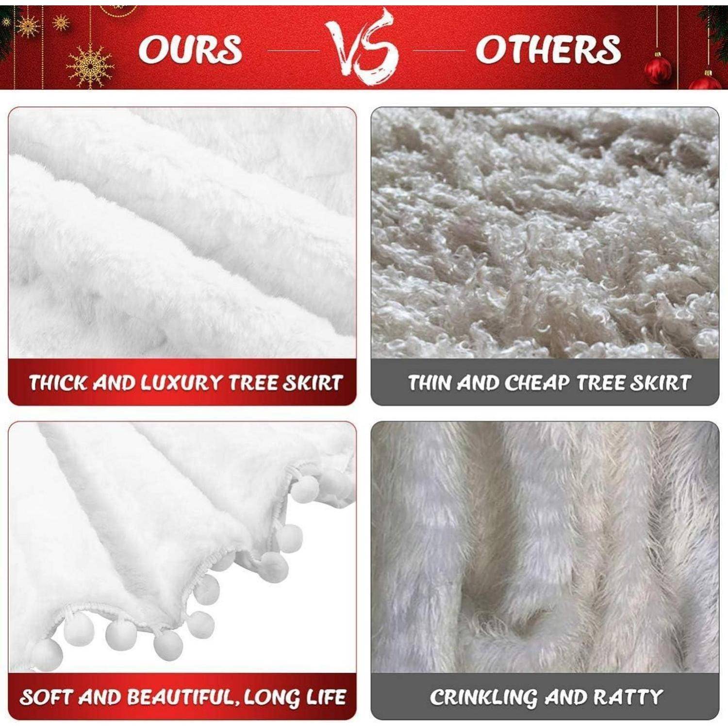 Vergleich von Weihnachtsbaumdecken. Links: dick, luxuriös, langlebig. Rechts: dünn, billig, knisternd und schäbig aussehend.