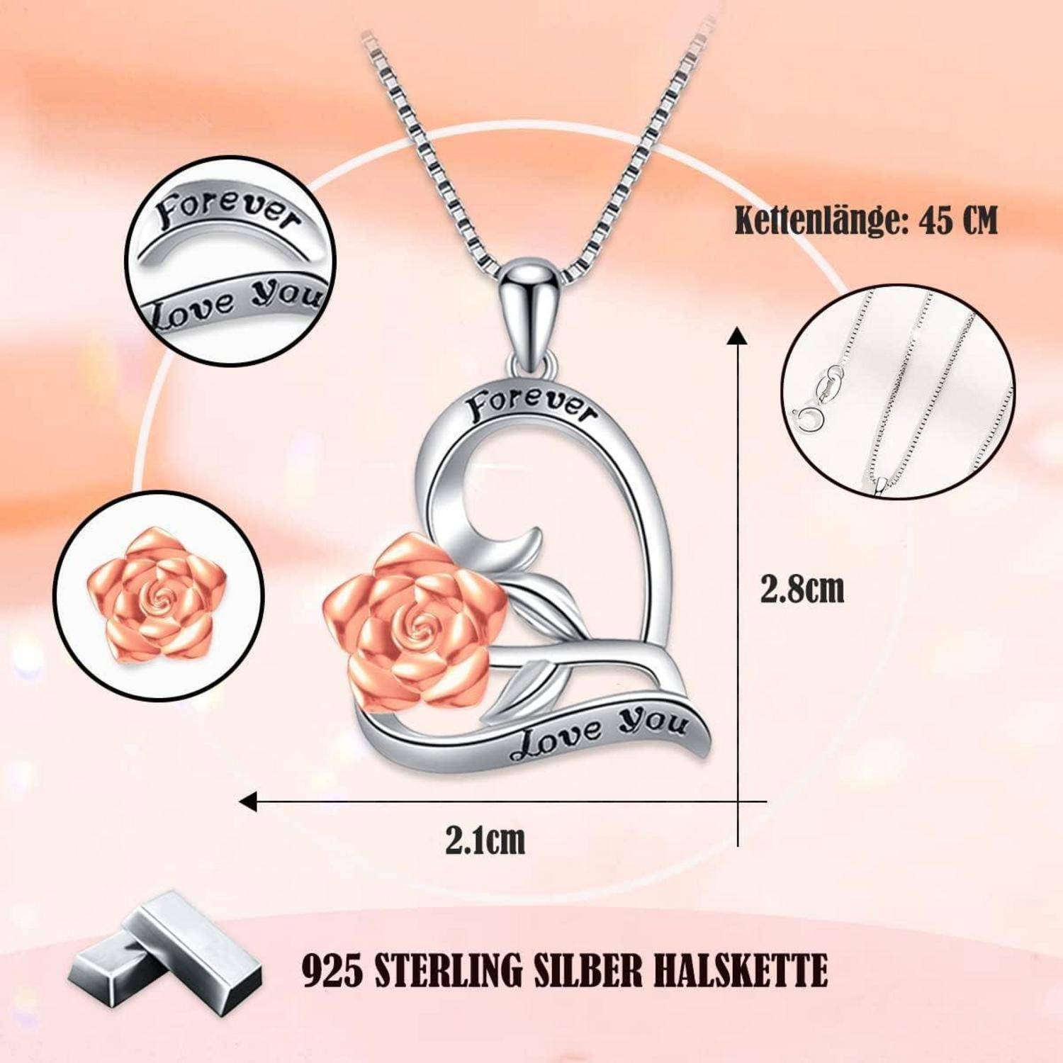 Produktdiagramm eines Anhängers mit Abmessungen: 2,8 cm Höhe, 2,1 cm Breite. Anhängerform umfasst eine Rose und den Text ‚Forever Love You'. Kettenlänge 45 cm. Hergestellt aus 925er Sterlingsilber.