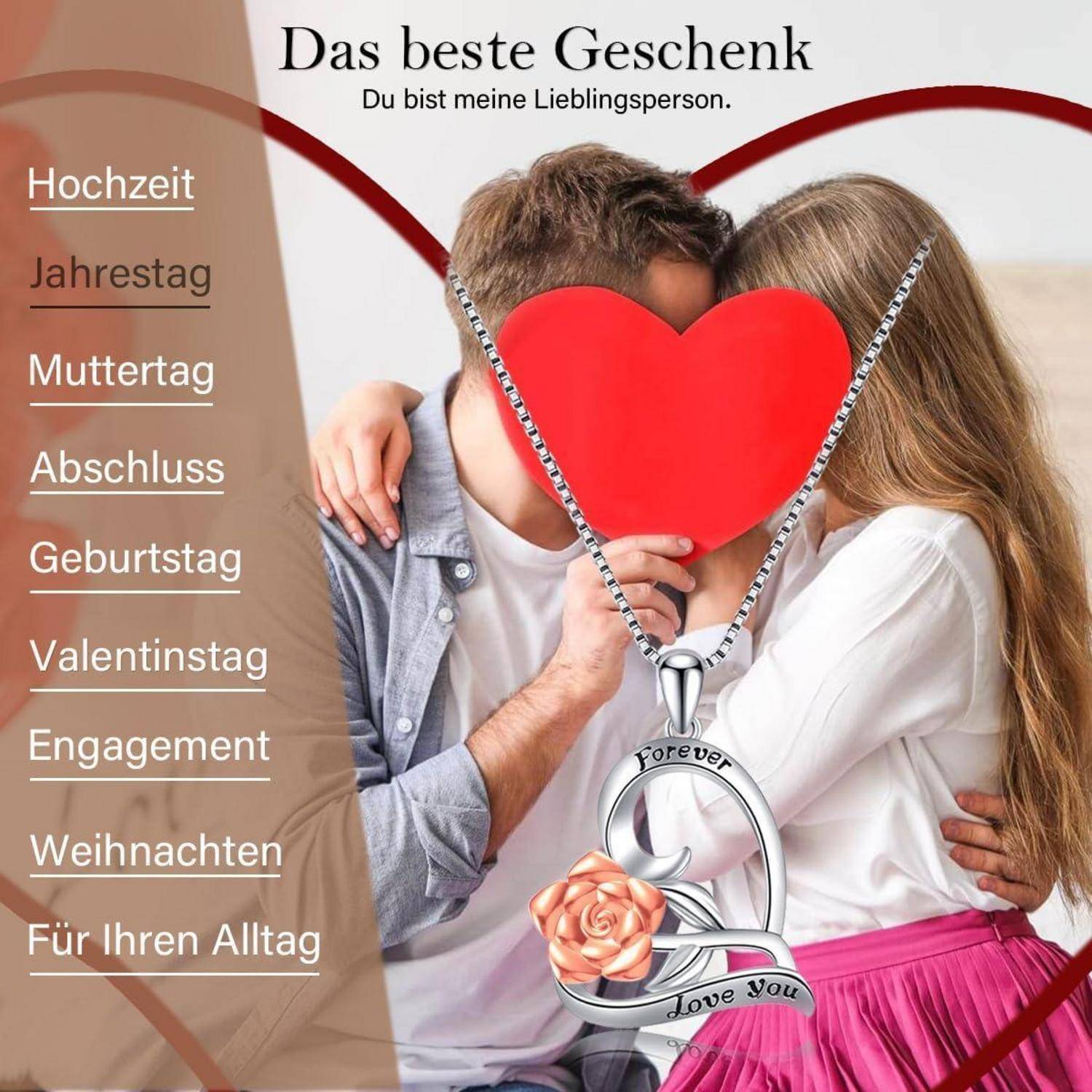 Ein Paar, das ein rotes Herz hält, sitzt zusammen, umgeben von einem goldenen Schlüssel mit der Aufschrift ‚Forever Love You'. Liste der Geschenkanlässe links.