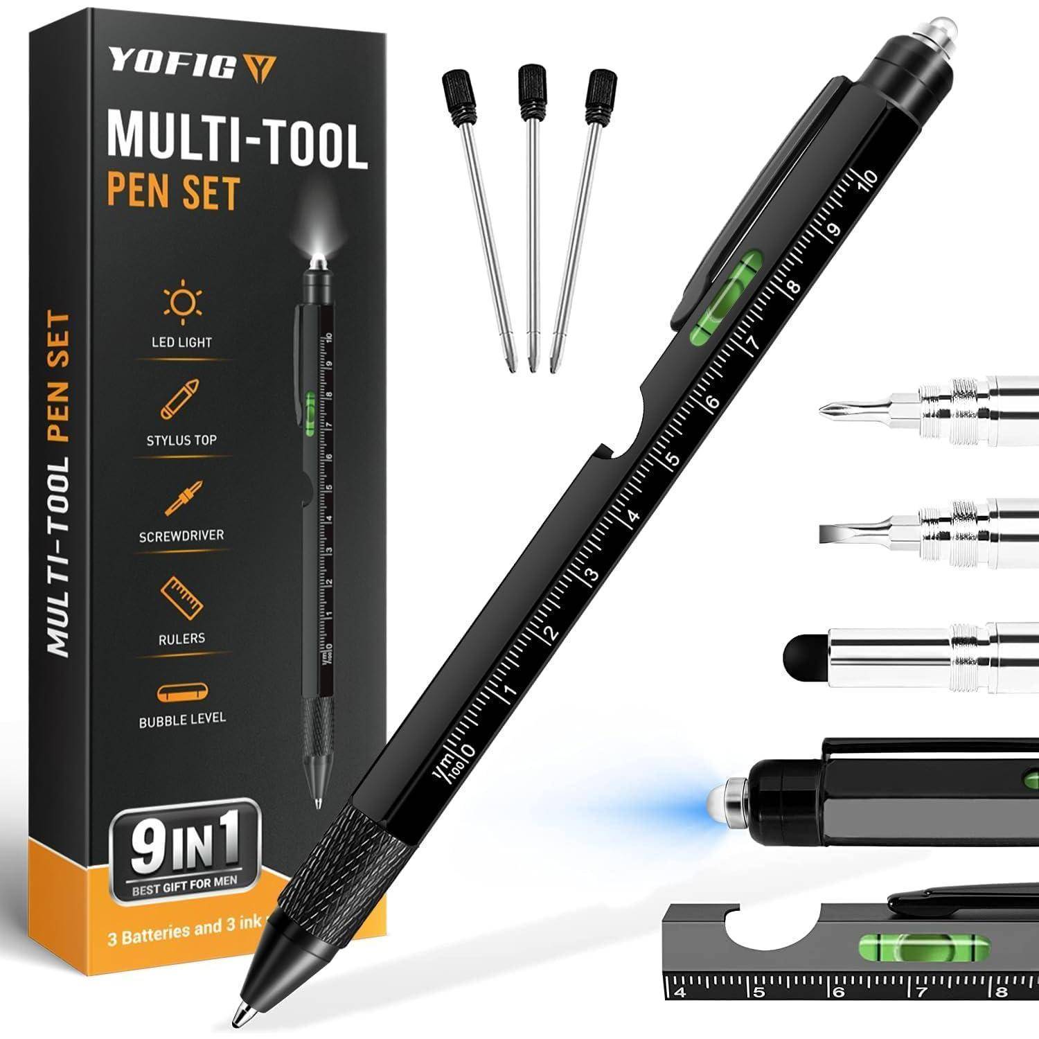 Yofic Multifunktions-Stift-Set mit LED-Licht, Stylus, Schraubendreher, Lineal, Wasserwaage; inklusive drei Tintennachfüllungen. Schwarze Farbe, 9 Funktionen.
