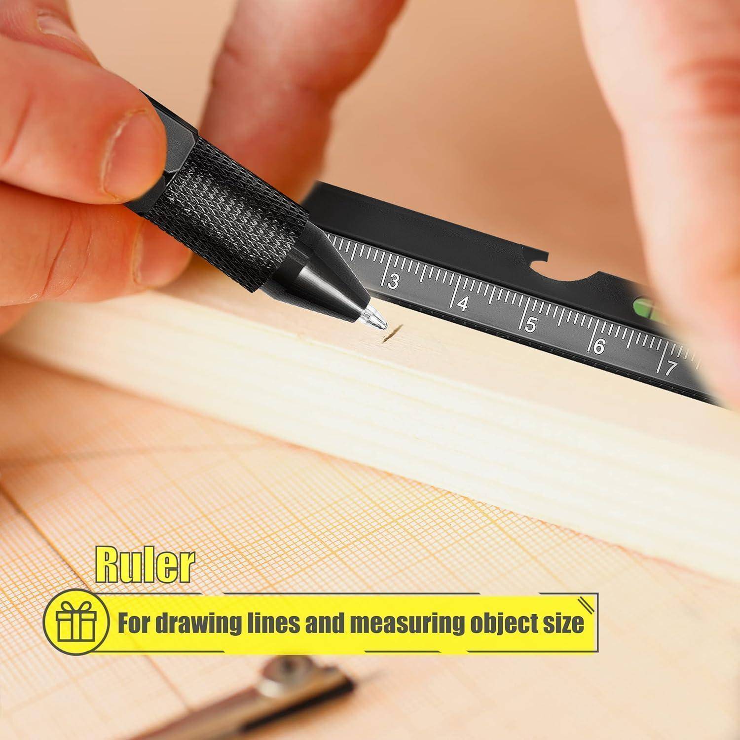 Eine Hand hält ein schwarzes Lineal an Holz, während sie misst. Der Text auf dem Bild liest sich 