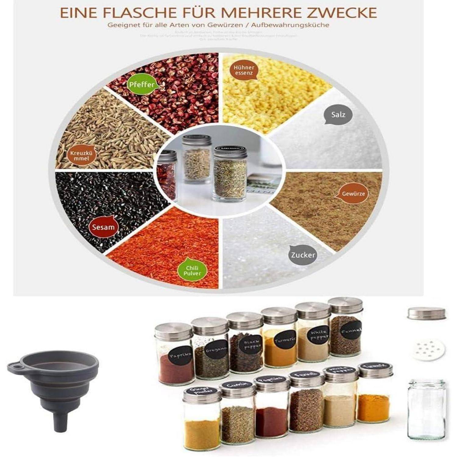 Eine Flasche für mehrere Zwecke' präsentiert eine organisierte Gewürzspeicherung mit beschrifteten Gläsern in verschiedenen Farben, einem Trichter und einem Streuverschluss.