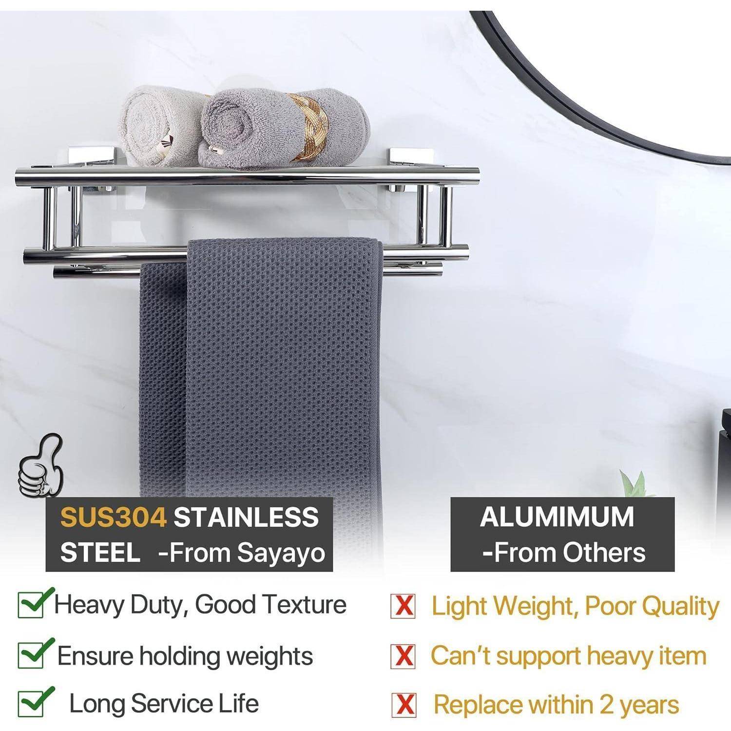 Edelstahl-Handtuchhalter mit zusammengelegten Handtüchern oben und einem hängenden Handtuch. Der Text stellt die Leichtigkeit von Aluminium der Haltbarkeit von Edelstahl gegenüber.