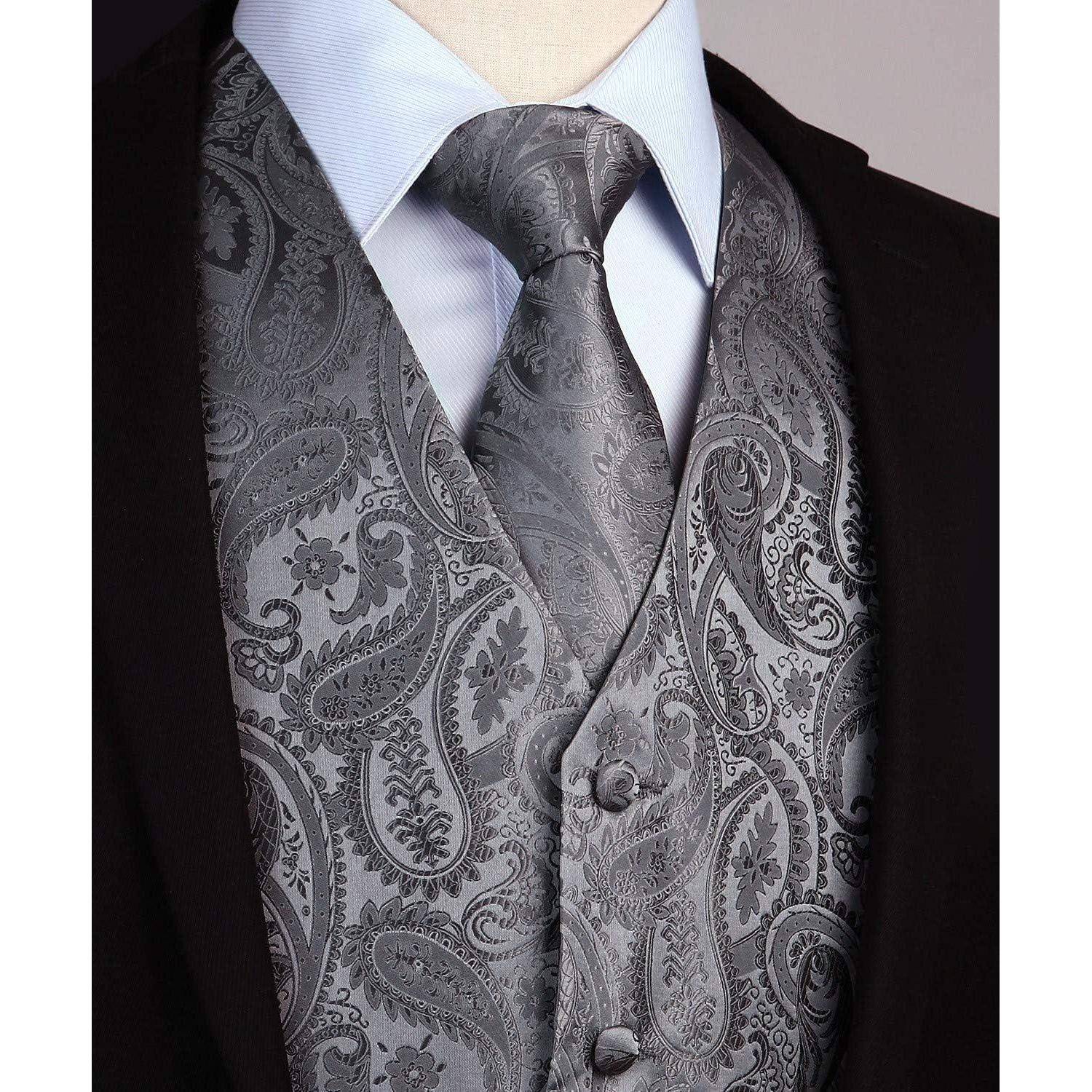 Herren Weste Paisley Floral Jacquard Krawatte Anzug Set Grau XS