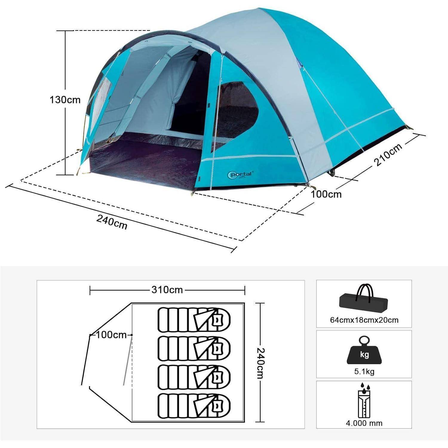 Zelt 4 Personen Camping Kuppelzelt mit Vorzelt wasserdicht 4000mm Blue