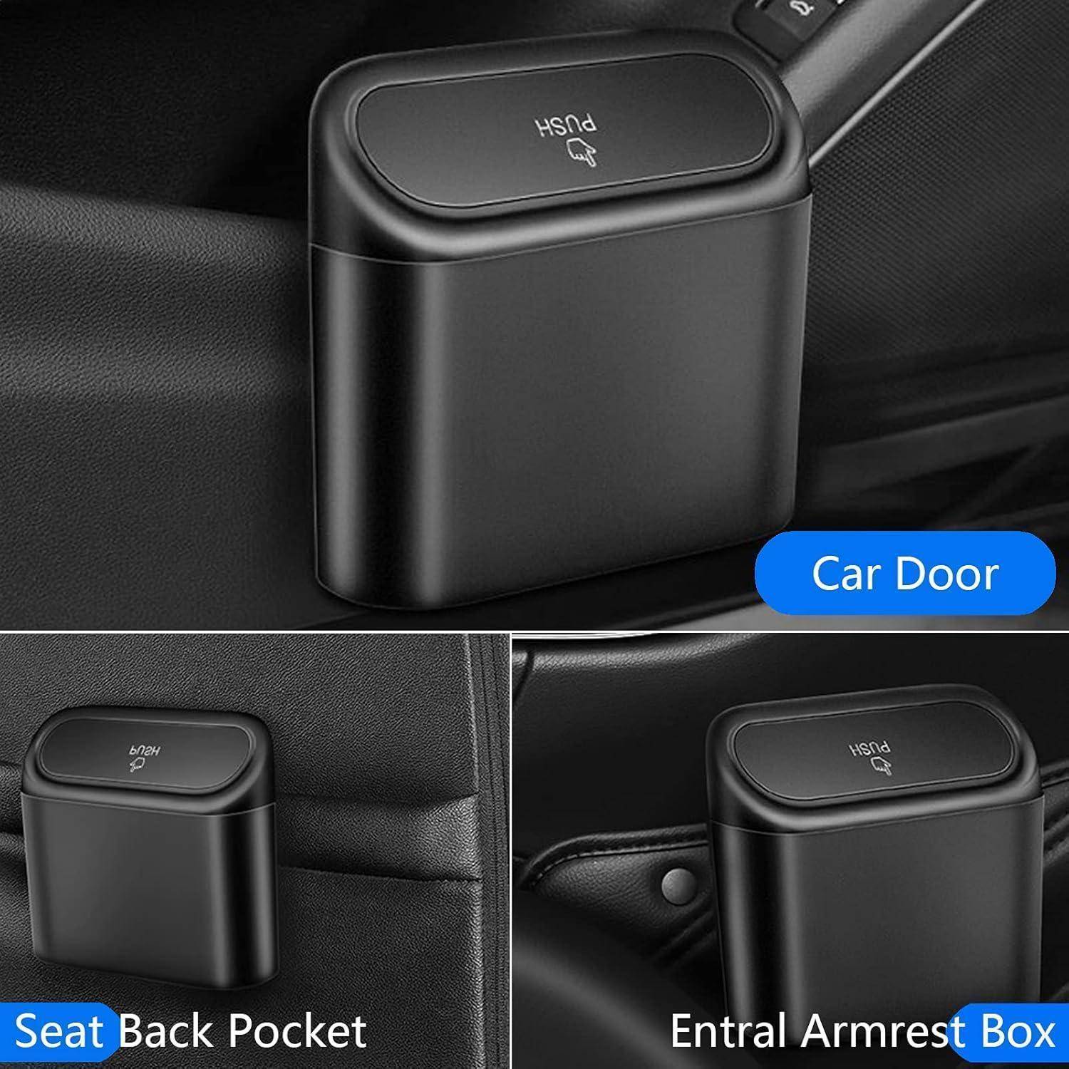 Mülleimer fürs Auto, installiert an der Autotür, Rücksitztasche und Mittelarmlehnenbox, mit 'Drücken'-Taste für einfache Bedienung.
