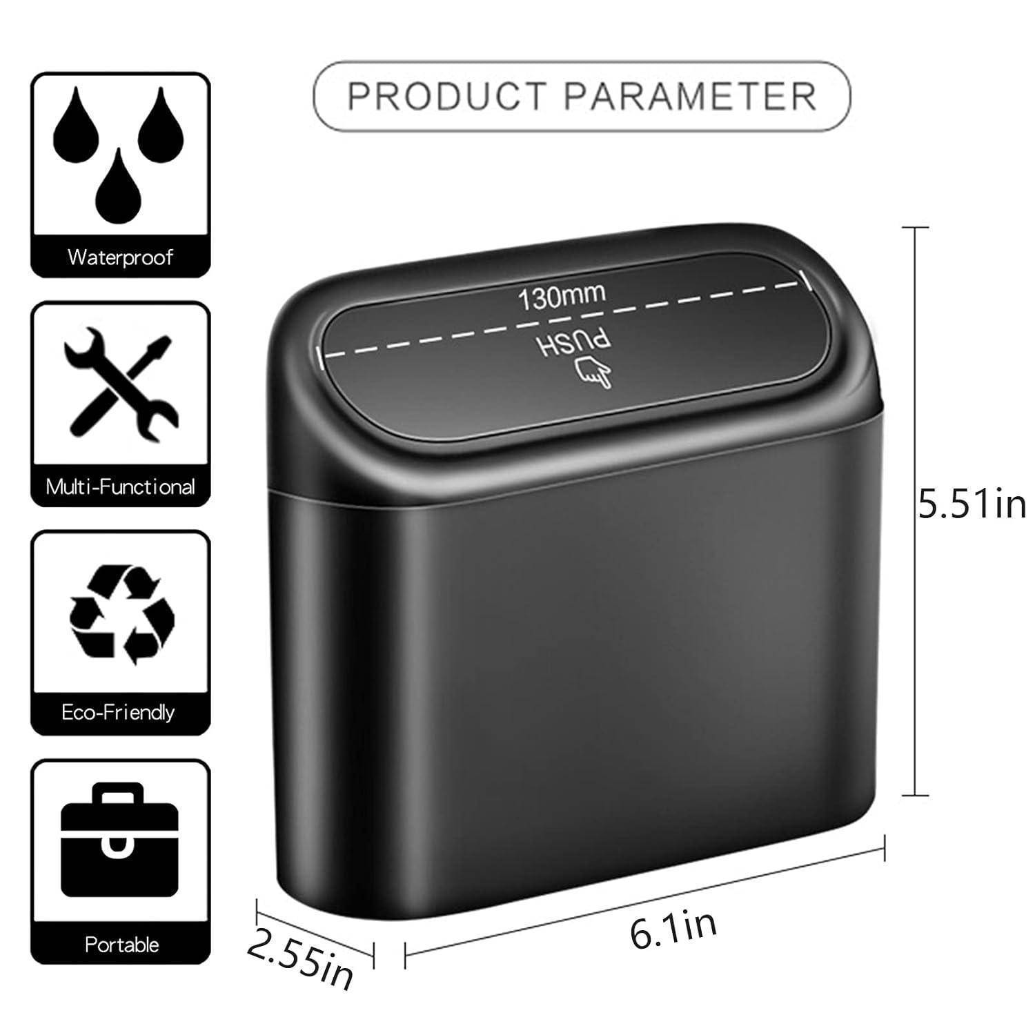 Das Bild zeigt einen schwarzen rechteckigen Mülleimer mit berührungslosem Deckel, der 5,51 Zoll hoch, 6,1 Zoll breit und 2,55 Zoll tief ist. Icons heben Eigenschaften hervor: wasserdicht, multifunktional, umweltfreundlich und tragbar.