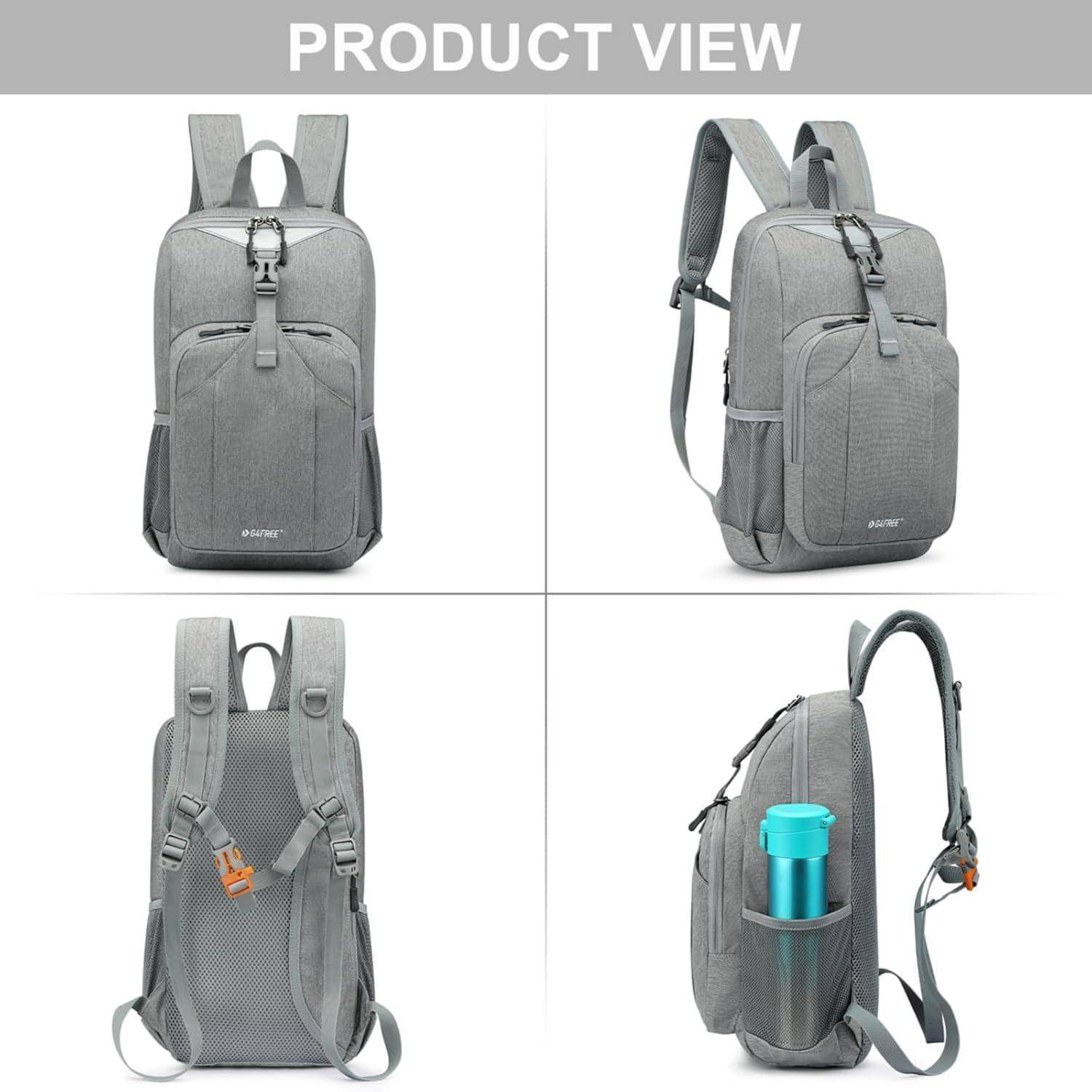 Grauer Rucksack mit mehreren Reißverschlüssen, Vorder- und Seitentaschen, verstellbaren Trägern und einer blauen Wasserflasche in einer Seitentasche. Beschriftet mit „PRODUKTANSICHT