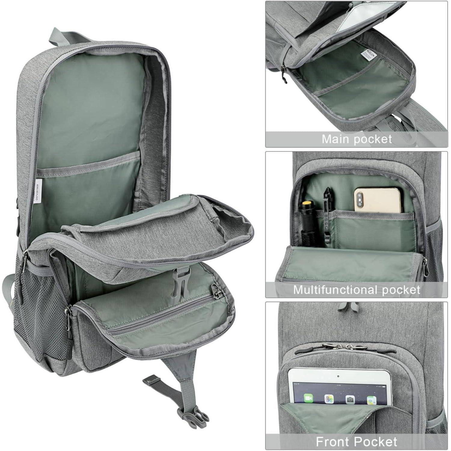 Grauer Rucksack mit drei Fächern. Das Hauptfach passt einen Laptop; das mittlere Fach bietet Platz für Schreibutensilien und ein Handy; die Vordertasche nimmt ein Tablet auf.