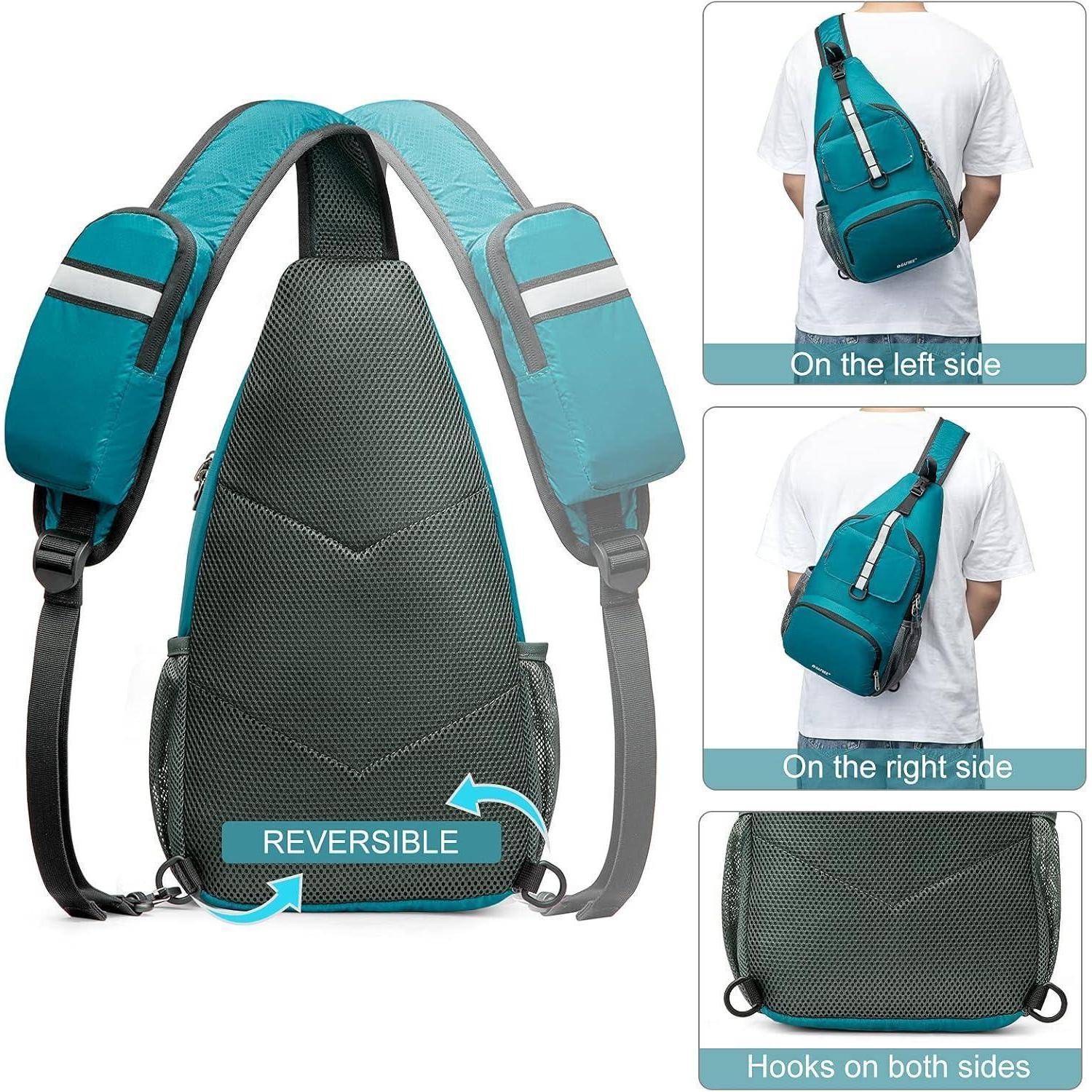 Reversibler Sling-Rucksack in Türkis und Grau, getragen von einem Modell an der linken und rechten Seite. Der Text weist darauf hin, dass er an beiden Seiten befestigt werden kann.