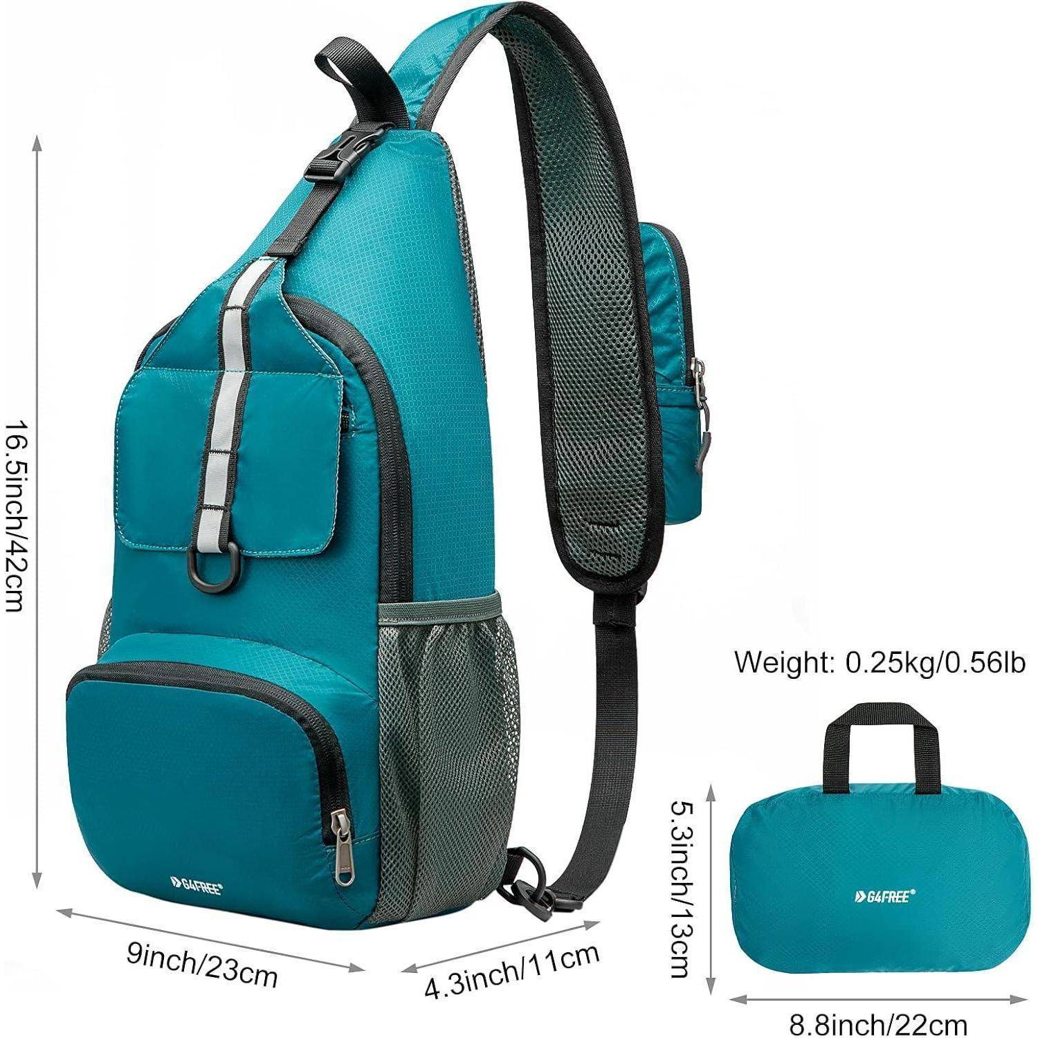 Türkisfarbener Umhängerucksack mit verstellbarem Gurt, mehreren Taschen und kompakter, zusammenlegbarer Konstruktion. Abmessungen: 16,5 x 9 x 4,3 Zoll.