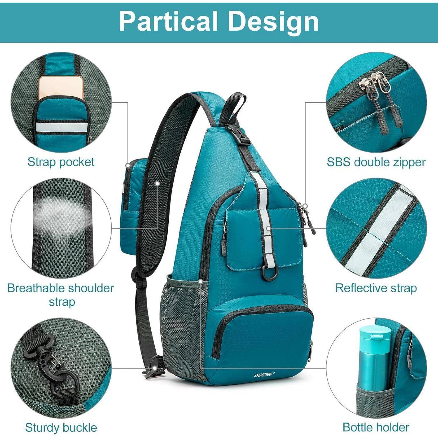 Blauer Crossbody-Rucksack mit folgenden Eigenschaften: Riementasche, atmungsaktiver Schultergurt, robuste Schnalle, SBS-Doppelreißverschluss, reflektierender Riemen und Flaschenhalter.