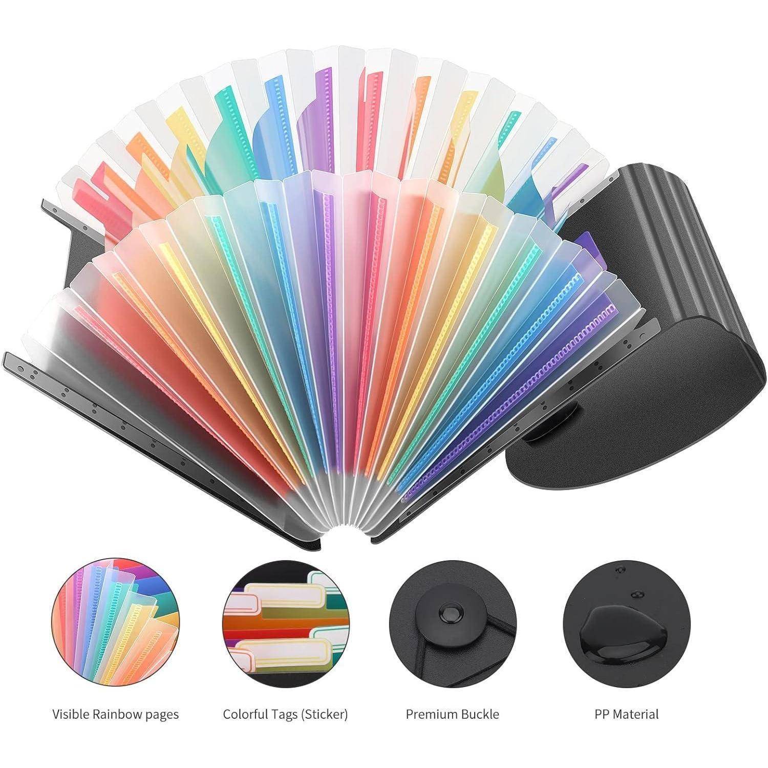 Erweiterbare Aktenmappe mit ausklappbaren Seiten in Regenbogenfarben. Merkmale umfassen sichtbare Seiten in Regenbogenfarben, bunte Register, Premium-Schnalle und PP-Material.