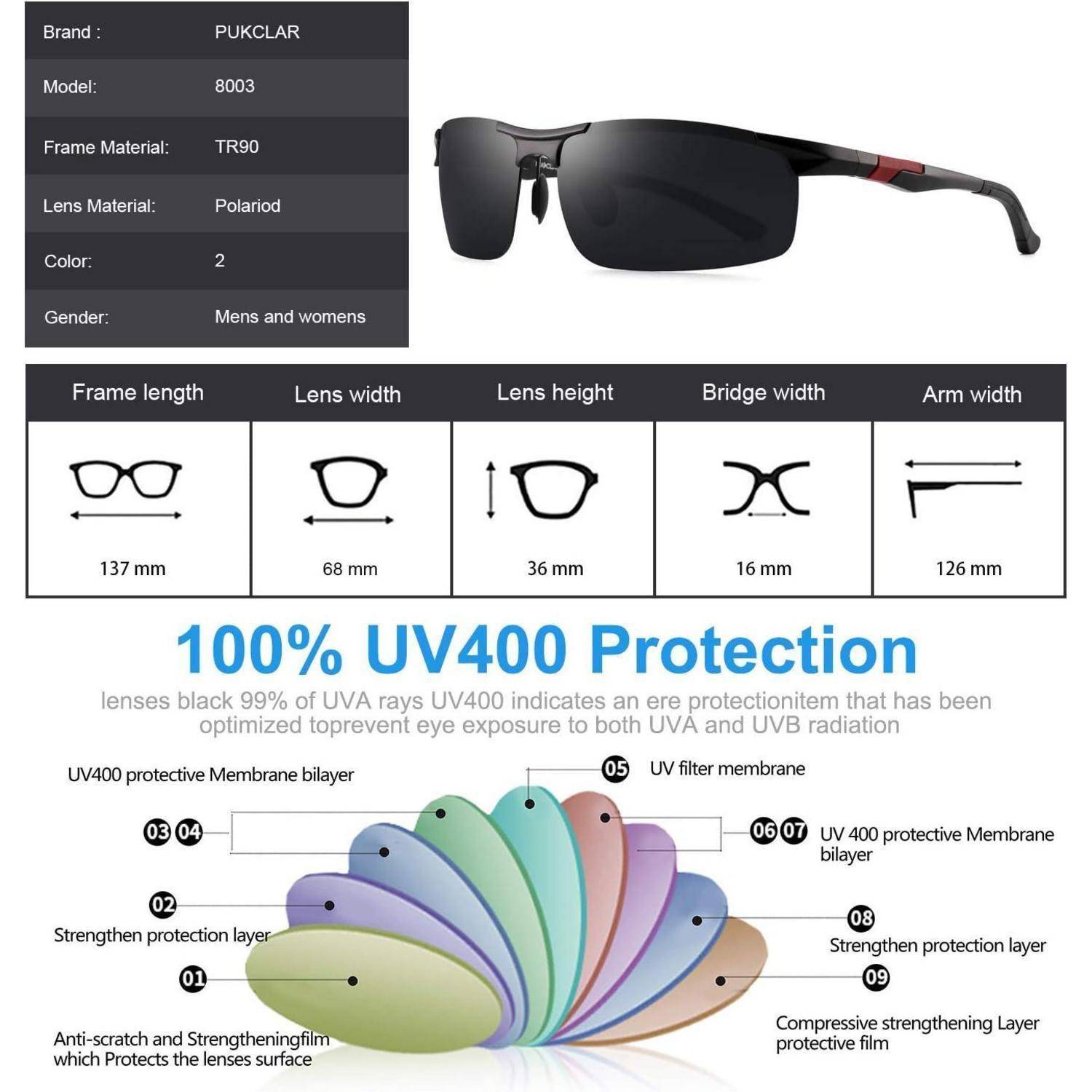 Sonnenbrille Herren polarisierte C1 Schwarz Grau,cat 3 63 Millimeter
