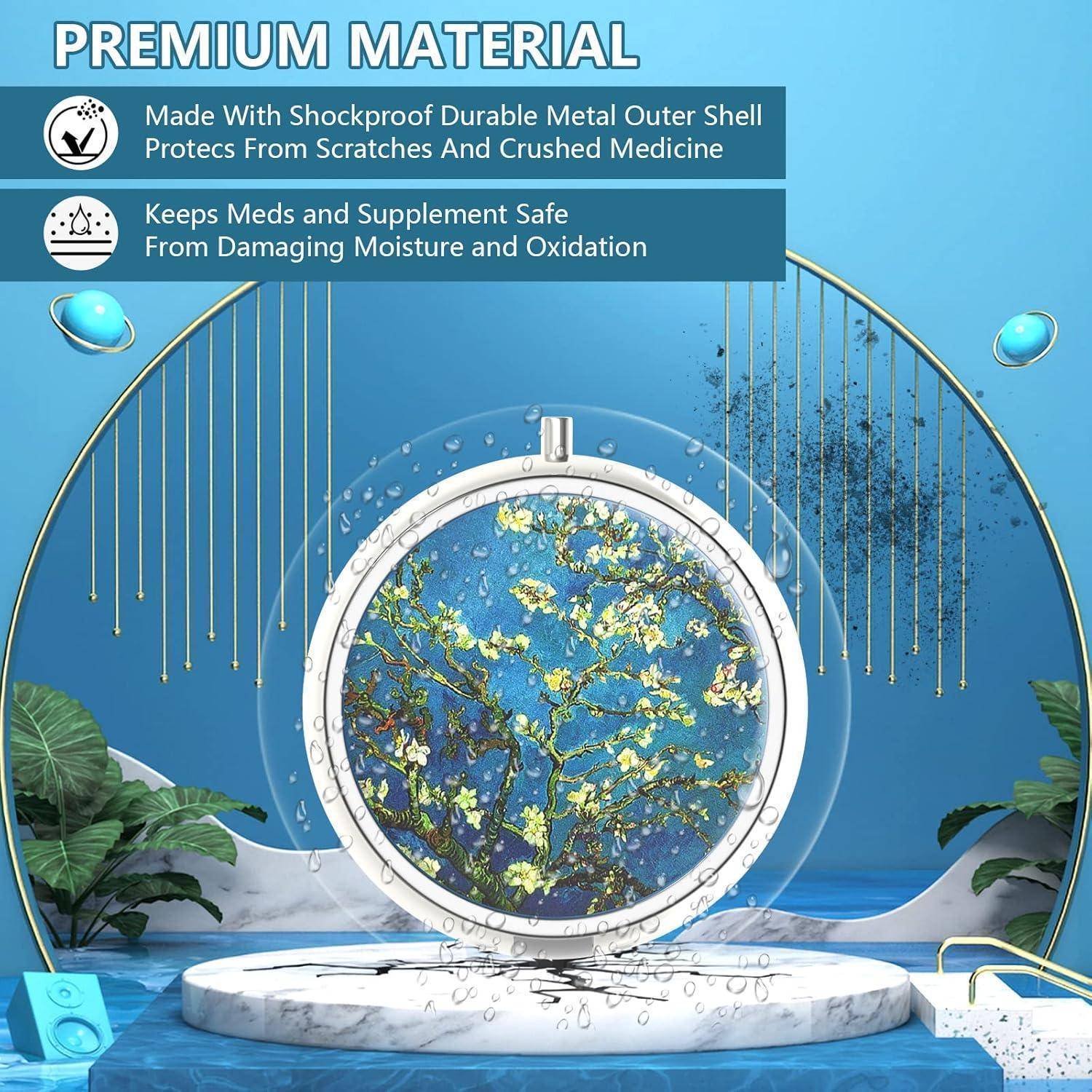 Premium-Material' Bild mit einem kreisförmigen Kunstwerk mit floralem Design. Text: 'Hergestellt aus stoßfestem, strapazierfähigem Metall; schützt Medikamente vor Feuchtigkeit und Oxidation.