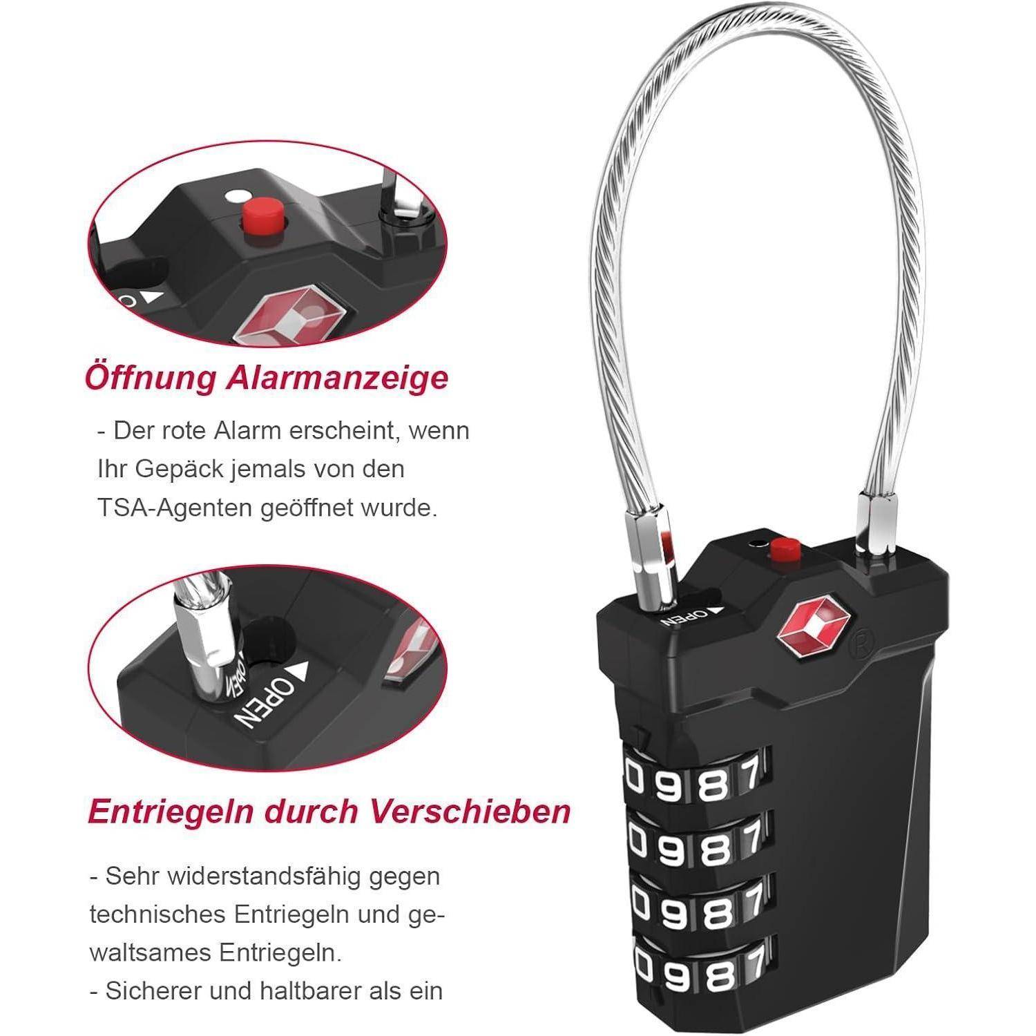 Ein schwarzer, TSA-zugelassener Gepäckschloss mit Stahlseil-Bügel und einem Zahlenkombinationsschloss mit drei Ziffern. Eine rote Taste zeigt an, ob der Schloss von der TSA geöffnet wurde.
