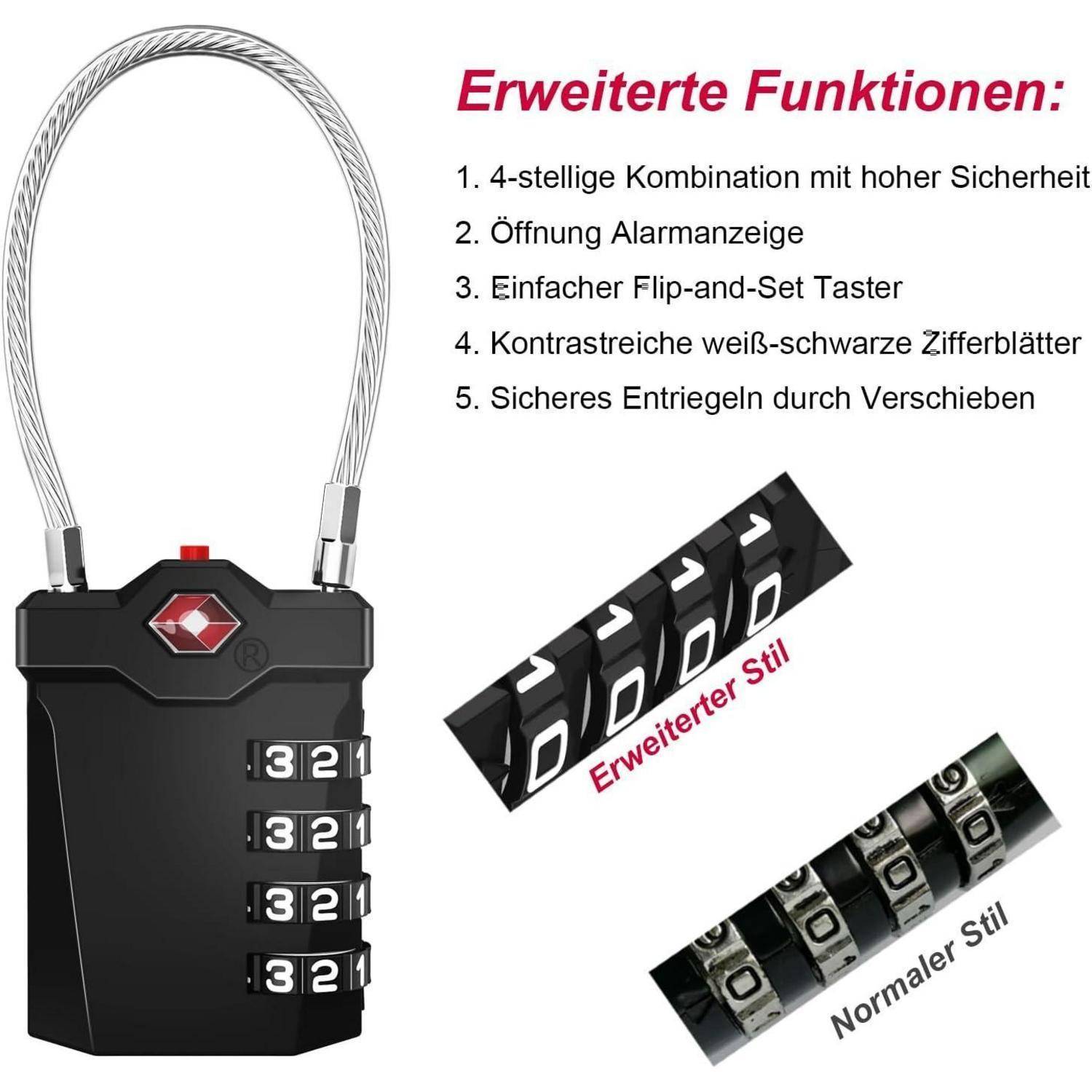 Ein schwarzes Vorhängeschloss mit einer 4-stelligen Kombination, das auf einer Seite 