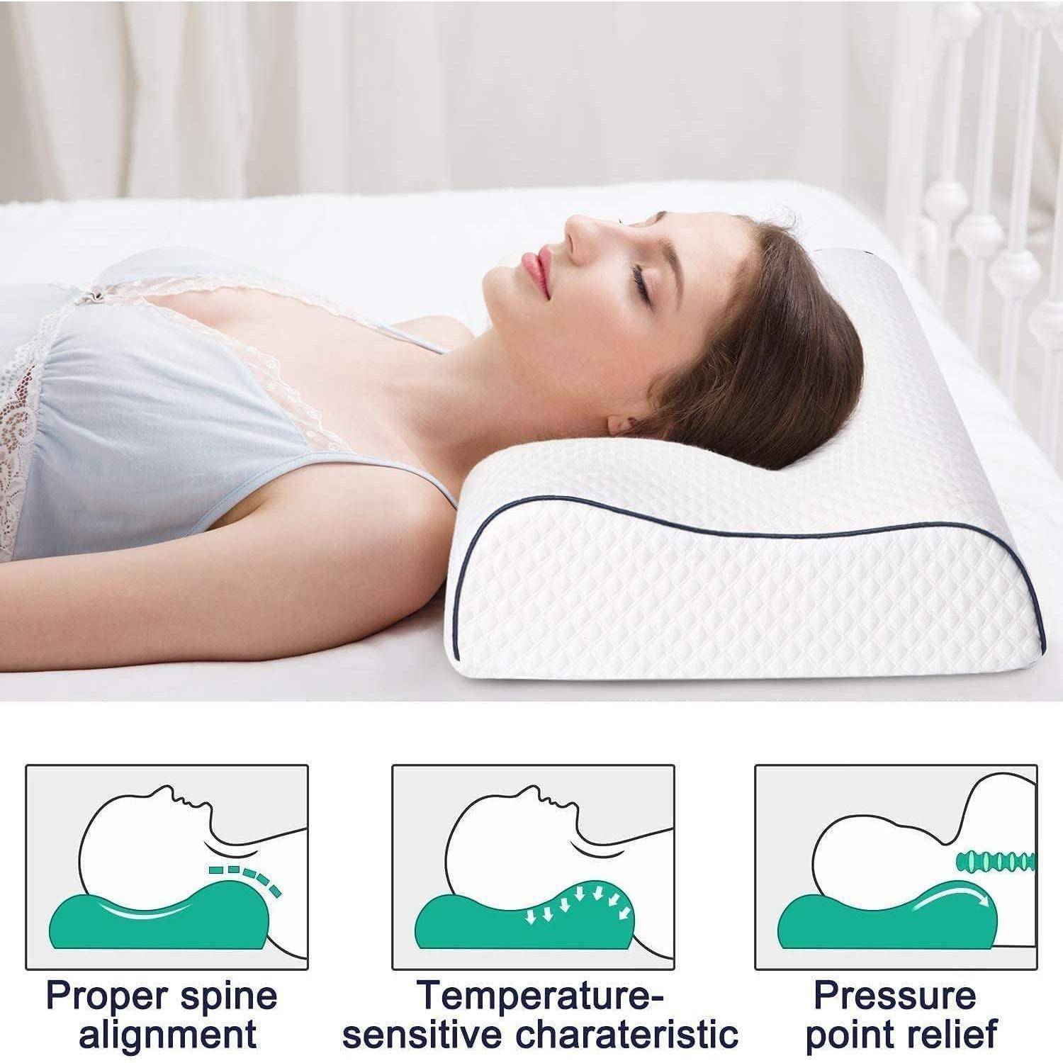 Eine Frau, die seitlich schlafend ein ergonomisches Kissen verwendet. Darunter sind drei Symbole, die „Korrekte Wirbelsäulenausrichtung