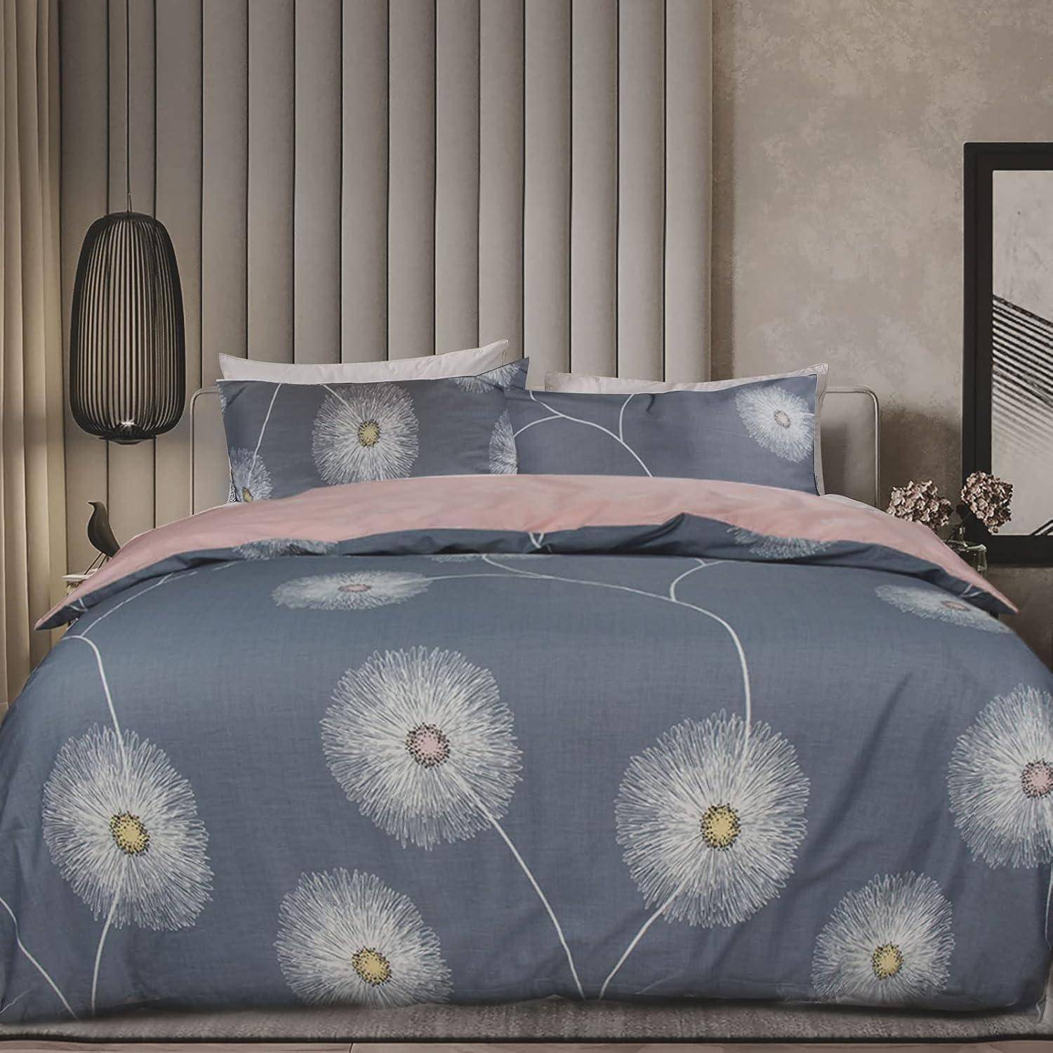 Bettwäsche 135x200 Grau Rosa Blumen Wendebettwäsche 100% Baumwolle