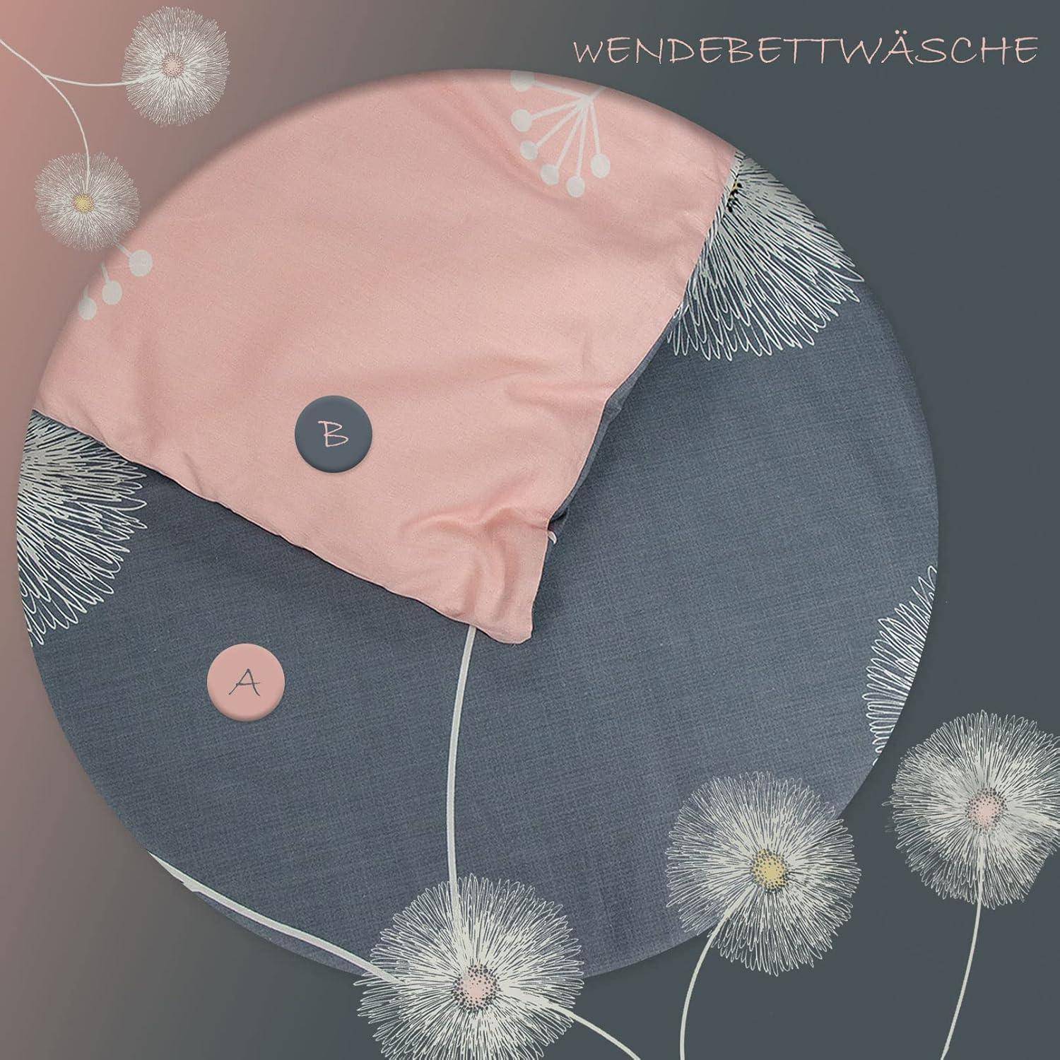 Bettwäsche 135x200 Grau Rosa Blumen Wendebettwäsche 100% Baumwolle