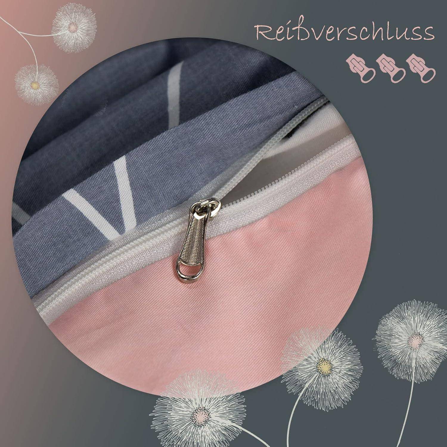 Bettwäsche 135x200 Grau Rosa Blumen Wendebettwäsche 100% Baumwolle